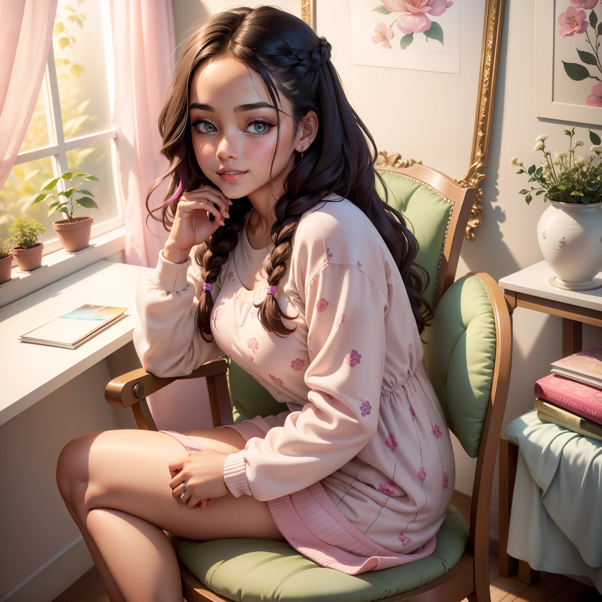 (best quality,4k,highres:1.2),ultra-detailed,realistic,portrait,teenage girl,beautiful,black girl,16 years old,natural beauty,smiling,taken in her bedroom,stylish decor,clean and organized,pink walls with floral patterns,bright and cozy atmosphere,soft lighting,full of natural light,excellent attention to detail,sparkling eyes with long lashes,juicy and plump lips,rosy cheeks,elegant hairstyle,braided hair with colorful beads,modern fashion sense,casual and trendy outfit,floral-printed dress,comfy sneakers,subtle makeup,natural and glowing skin,expressive eyebrows,well-defined jawline,graceful posture,sitting on a vintage chair,enjoying a book,artistic ambiance,creative elements,canvas and paints in the corner,beautiful artwork on the walls,favorite quotes and posters hanging,open window with a view of a blooming garden,soft breeze gently swaying the curtains,vibrant colors,pink, green, and purple hues,positive energy,reflection of her vibrant personality,joyful and warm vibes.
