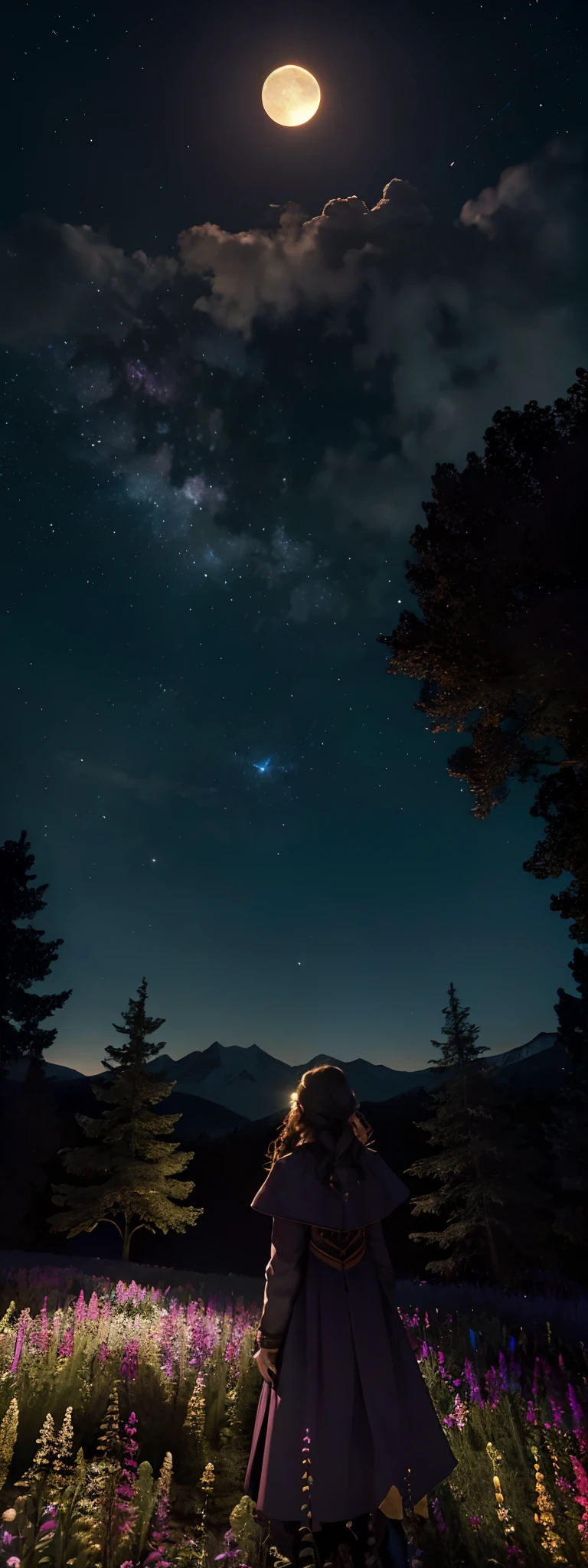 Expansive landscape photograph, (view from below with a view of the sky and wilderness below), little girl standing in a flower field looking up, (full moon: 1.2), (shooting star: 0.9), (nebula: 1.3), distant mountain, tree break production art, (warm light source: 1.2), (firefly: 1.2), lamp, purple and orange, intricate detail, volume lighting, realism break (masterpiece: 1.2) (Best Quality), 4K, Ultra-Detailed, (Dynamic Configuration: 1.4), Highly Detailed and Colorful Details, (Iridescent Colors: 1.2), (Glowing Lighting, Atmospheric Lighting), Dreamy, Magical, (Solo: 1.2)