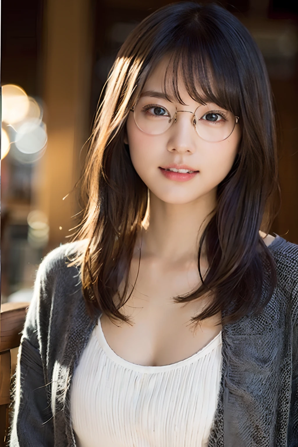 8K, top-quality, ​masterpiece, realisitic, Photorealsitic, ultra-detailliert, Natural sunlight, well-shaped breasts, I can see the cleavage, 1 persons, 35-year-old woman, Dark hair, bobhair, straight haired, Silver-rimmed glasses, ((Look at viewers)), Pendants, orange knit v-neck shirt, cleavage of the breast, extremely detailed face and skin, A detailed eye, extremely detailed face and skin, Arms Down, Breasts squeezed together