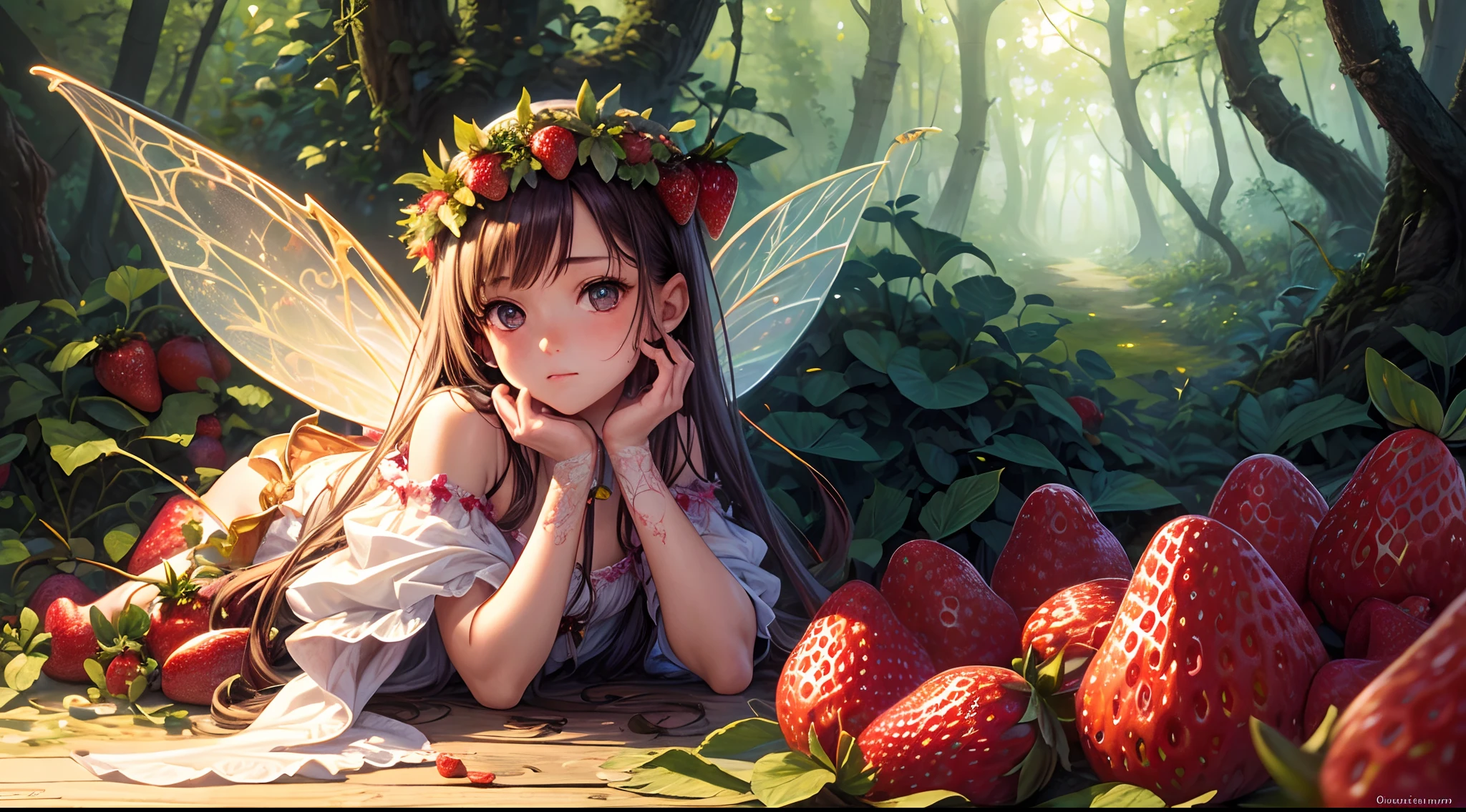 ( Absurd, High quality, ultra-detailed, masterpiece, concept art, smooth, highly detailed artwork, hyper-realistic painting ) , tiny little girl, strawberry girl, Strawberries, cute, whole body, Romantic, Vivid, dreamy, fantasy, fairy wings, in the forest, enchanting glow, very detailed art, reveal clothes, sexy lace underwear