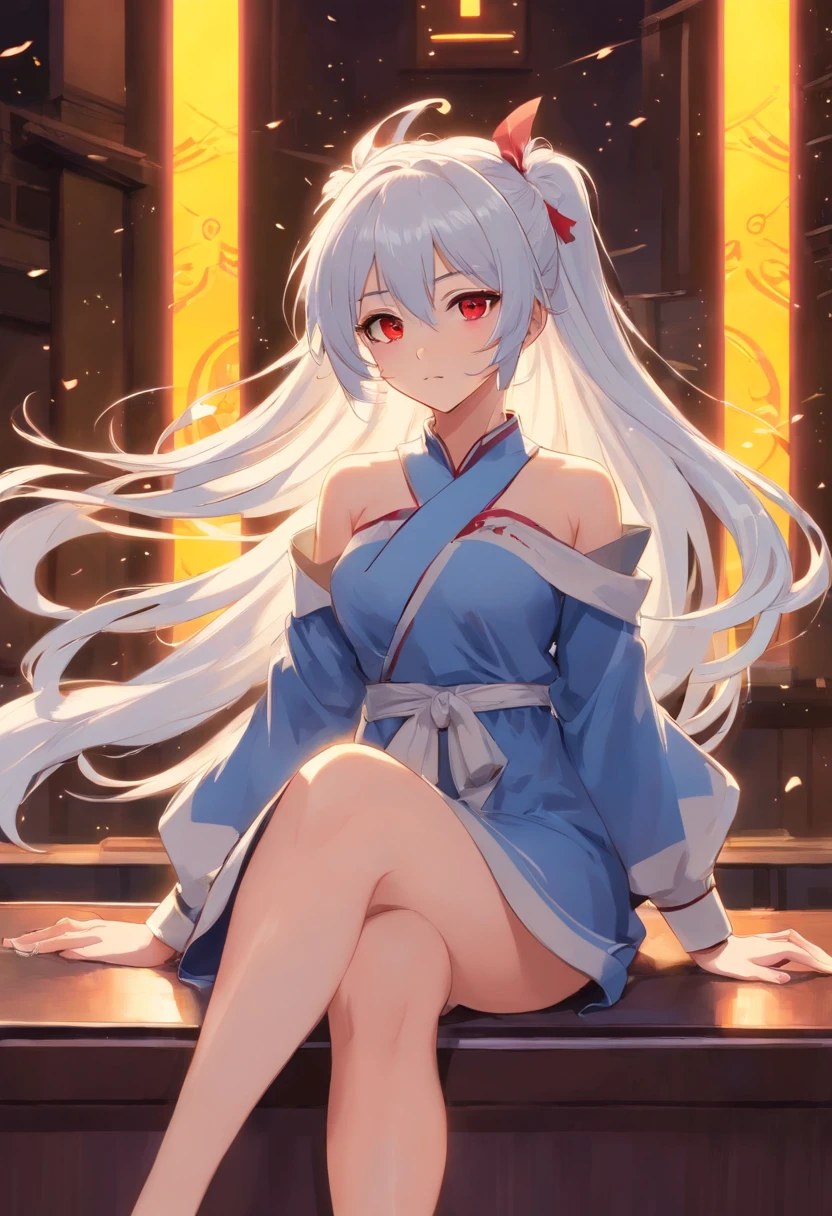 best qualtiy,超高分辨率,1girl,Female clergy,Clergy dress,adolable,(Kpop idol),(aegyo sal:1),(long white hair:1),((Red eyes)),It looks like in front of the audience,full bodyesbian,facing the front there,highly detailed exquisite fanart, Great character design,anatomy correct,highly detailed character,Stiletto heels,Bare legs