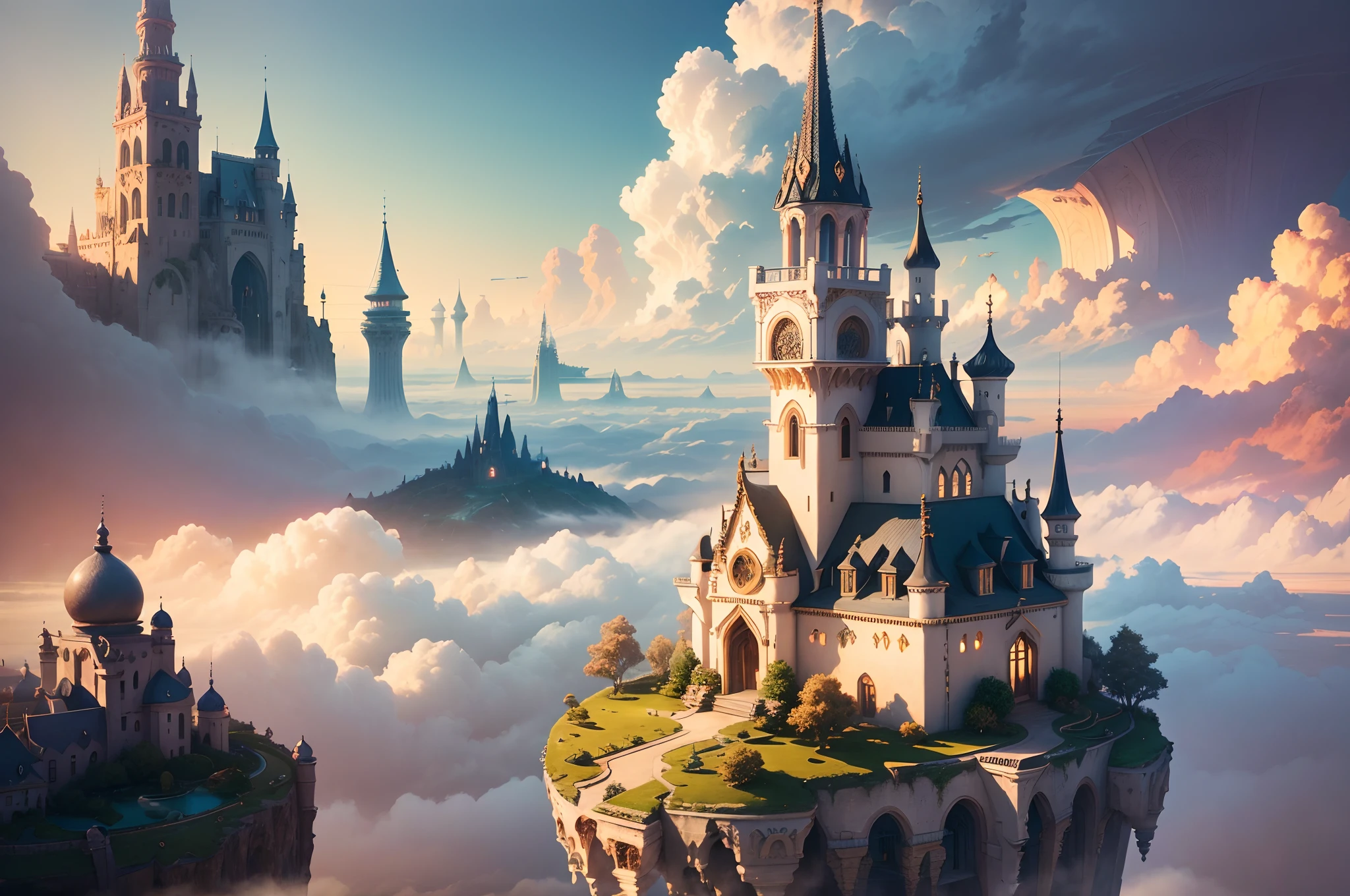 A close up of a castle in the sky with clouds - SeaArt AI