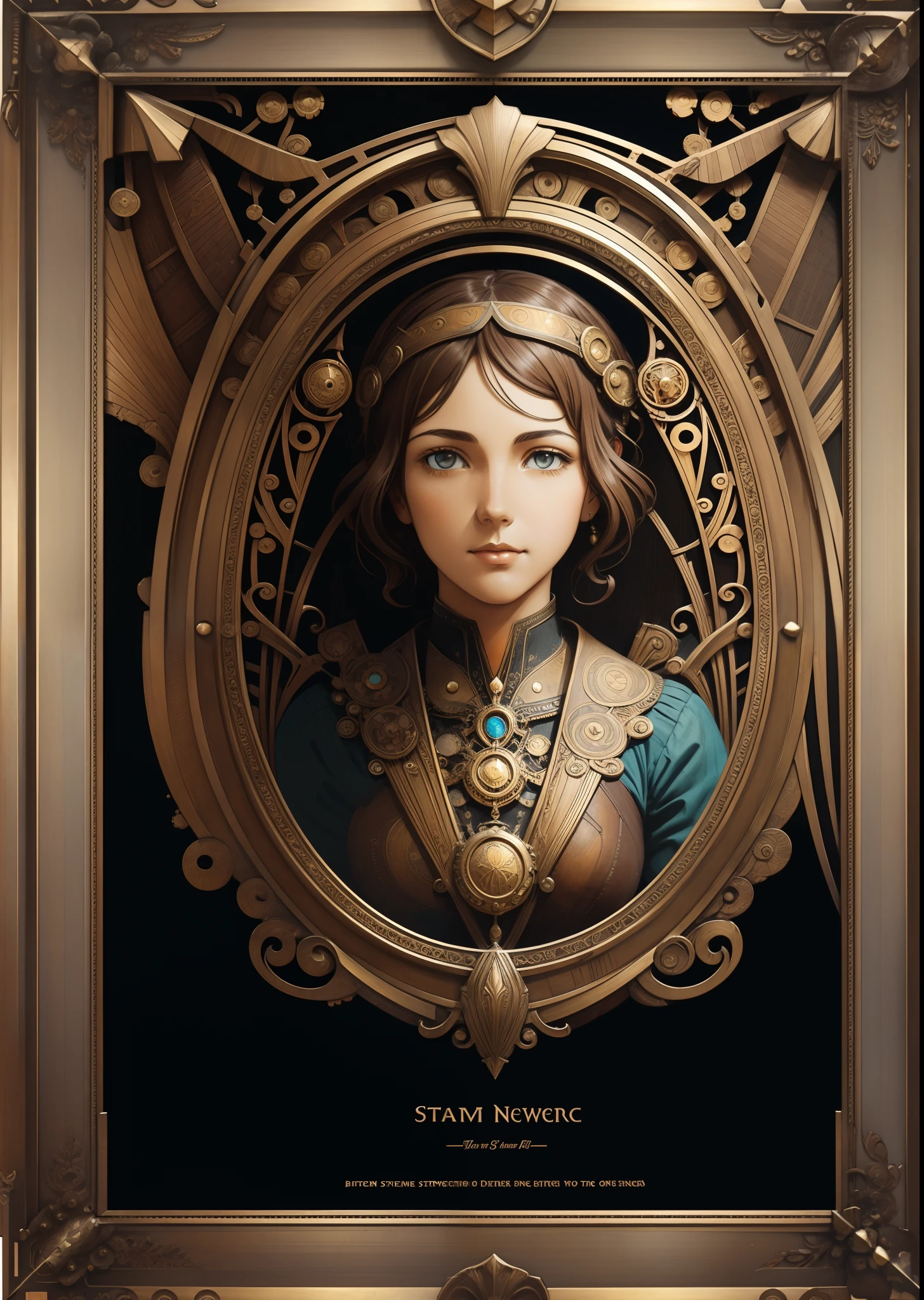 An empty bronze frame with a rectangular gap in the center of the picture with narrow edges in the Art Nouveau style, steampunc