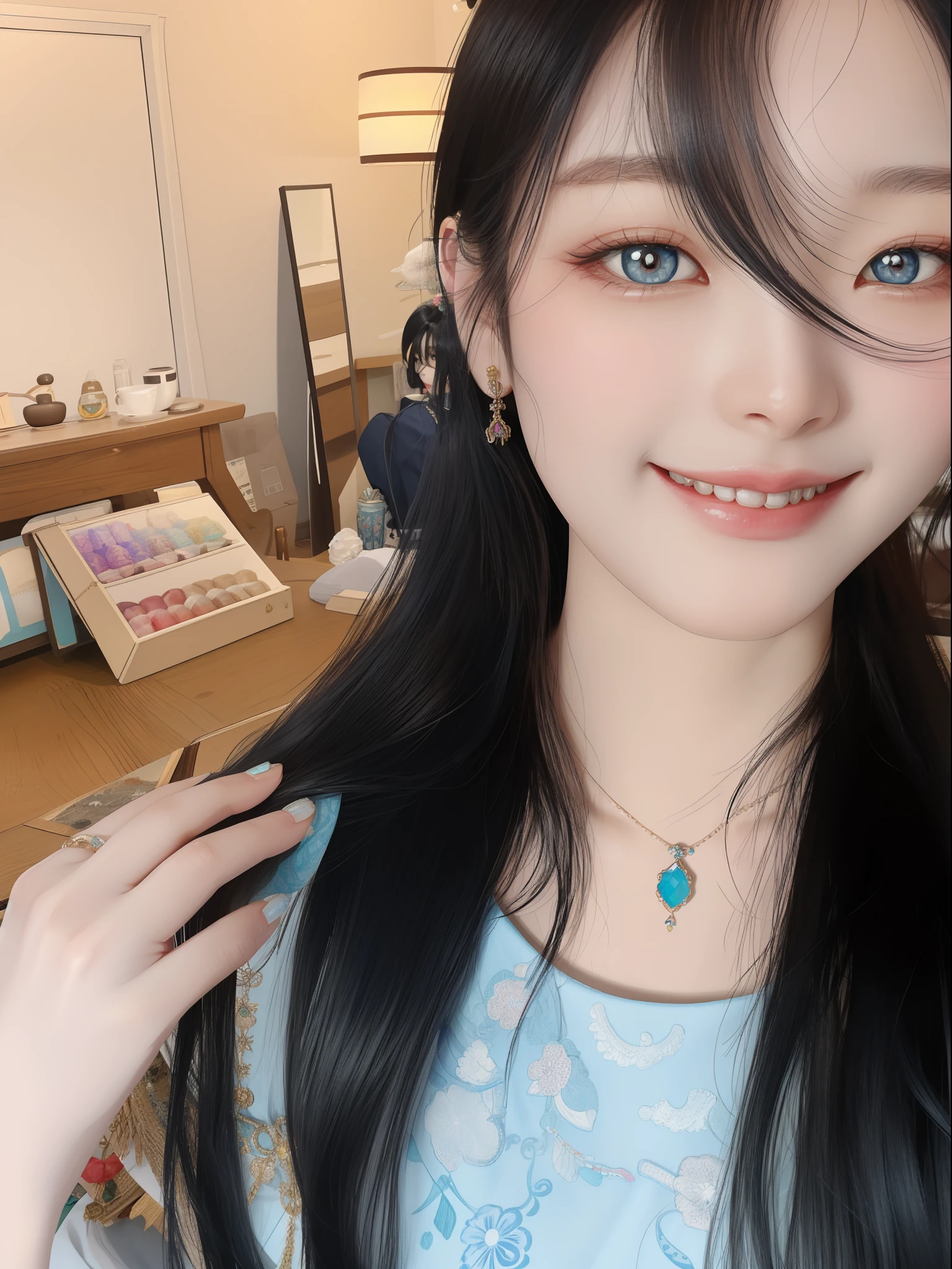 Black hair, long eyelasher, solid circle eyes, Light smile, Korean Gothic girl, Very cute Korean face, 19-year-old girl, Stylish and beautiful clothing, Beautiful hair accessories, Nice little items on clothes, belle delphine, blackpink jennie, petty eyes, Flawless face, pretty eyes, Light eye makeup, shadowing, stereograms, angle of view, gentlesoftlighting, Colored eye makeup, anime big breast, romanticism lain, expressionistic, attractive smile, slight cute smile, very happily, She has black hair, Flowing hair, Perfect lips, beautiful Korean women, Home background, Beautiful house decoration style, Wearing a beautiful gemstone necklace, A precious ring is worn on his finger, Colored gemstone earrings, Light blue embroidery, Shoulders exposed, Nice looking girl vest, surrealism, anaglyph, tachi-e, Atmospheric perspective, Ukiyo-e, 8K, Super detail, ccurate, Best quality, Masterpiece