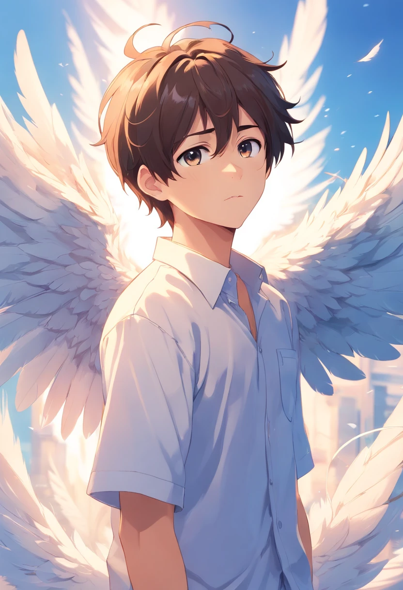 boy, 20 years old, angel, white shirt, angel wings, white, feathers