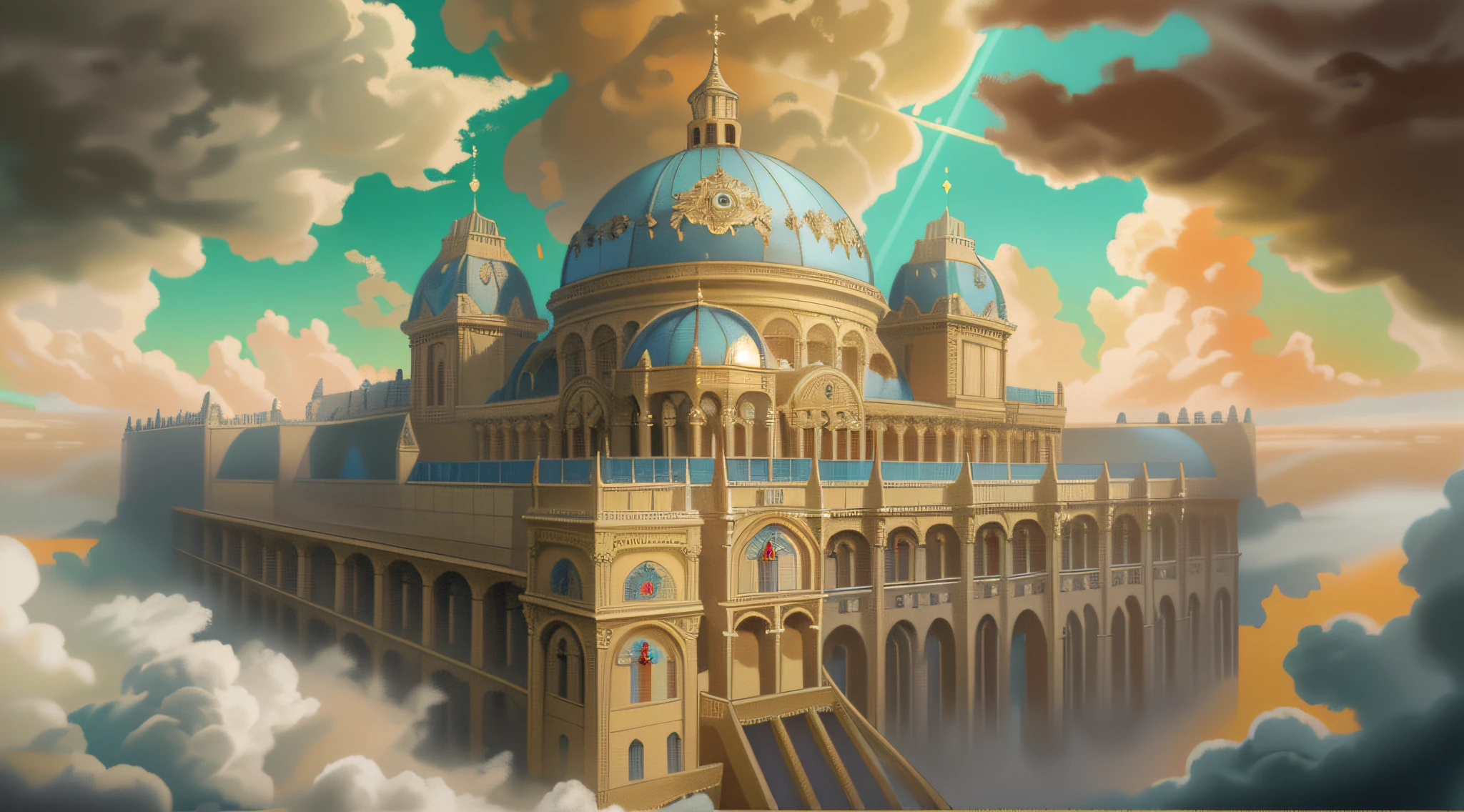 a masterwork Renaissance painting of a celestial palace in heaven (best details, Masterpiece, best quality :1.5), kingdom palace in heaven, an epic palace with towers, gates, bridges, surrounded by celestial clouds (best details, Masterpiece, best quality :1.5), sun rays, divine rays, reflections of rays in the clouds, backlight, sense of divinity, touch of god, Renaissance art style, fantasy art style, ultra best realistic, best details, best quality, 16k, [ultra detailed], masterpiece, best quality, (extremely detailed), ultra wide shot, photorealism, depth of field, hyper realistic painting,
