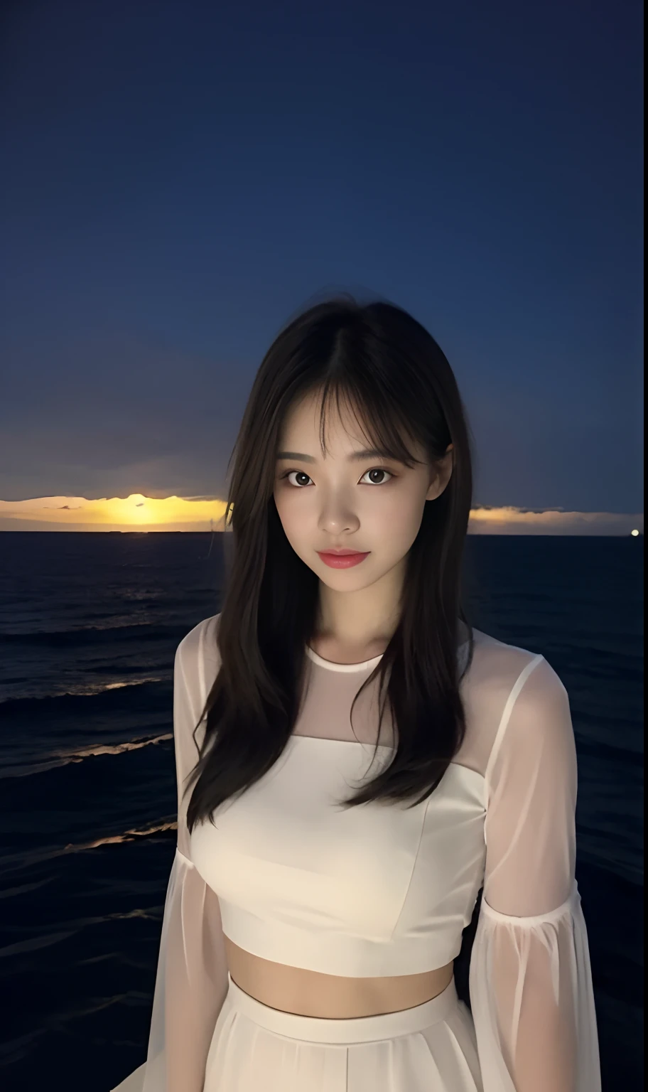 (Original photo of 8K,best qualtiy,tmasterpiece:1.2),(Medium view),the night,Night on a yacht,Sea and night view in the background,best qualtiy,tmasterpiece,(Small mouth:1.2),short- sleeved,short- sleeved,short- sleeved,short- sleeved,an extremely delicate and beautiful one,,astounding,finely detailled,tmasterpiece,Best quality at best,(age 22:1.2),Narrow waist,Slim,is shy,Pure,adolable,Bushy hair,Soft hair,big breasts beautiful,A detailed eye,(long whitr hair:1.2)