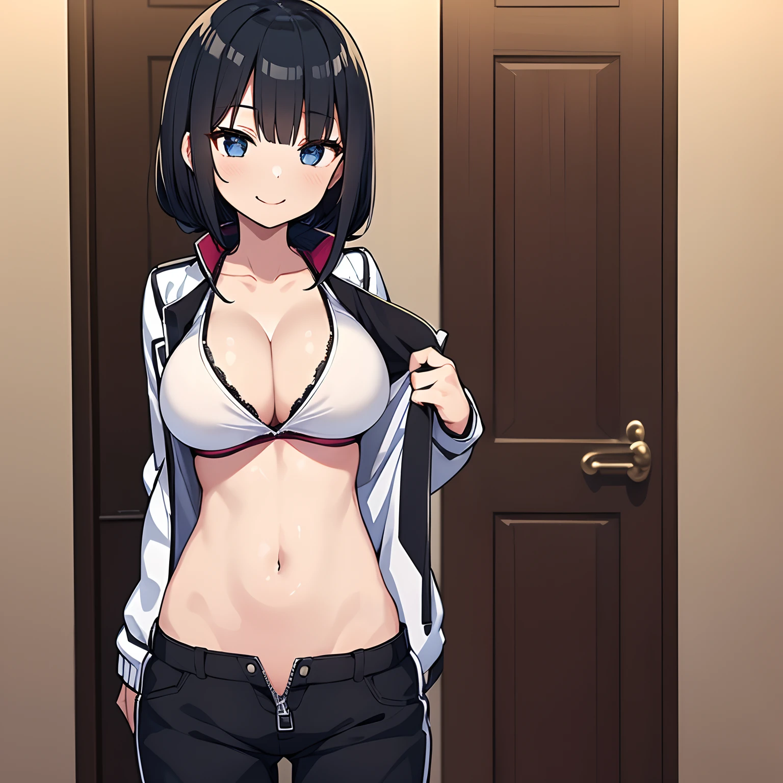 1 girl, anime, cleavage, white jacket, unzippered jacket, standing, seductive smile, black hair,