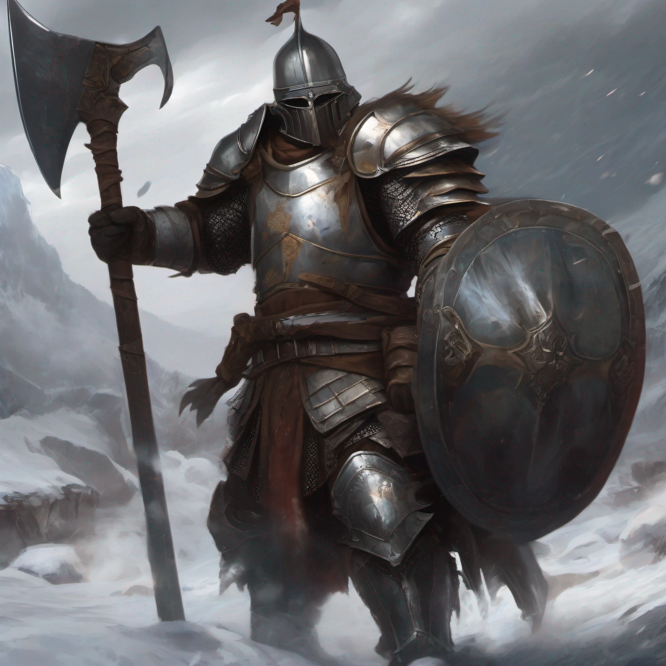 Wear heavy plate armor,Armed with a giant axe,Wearing a horn helmet,Standing on a battlefield filled with gunfire