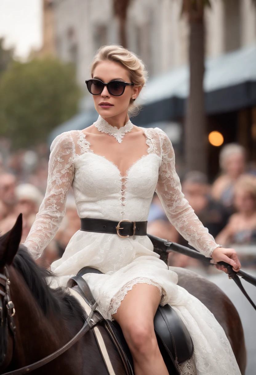 Beautiful short hair blonde Nordic princess in flowing white lace gown wearing sunglasses riding a black stallion on Hollywood Blvd., California holding a jousting pole, cinematic lighting, highly detailed, 8K, F 2.8, 24 mm