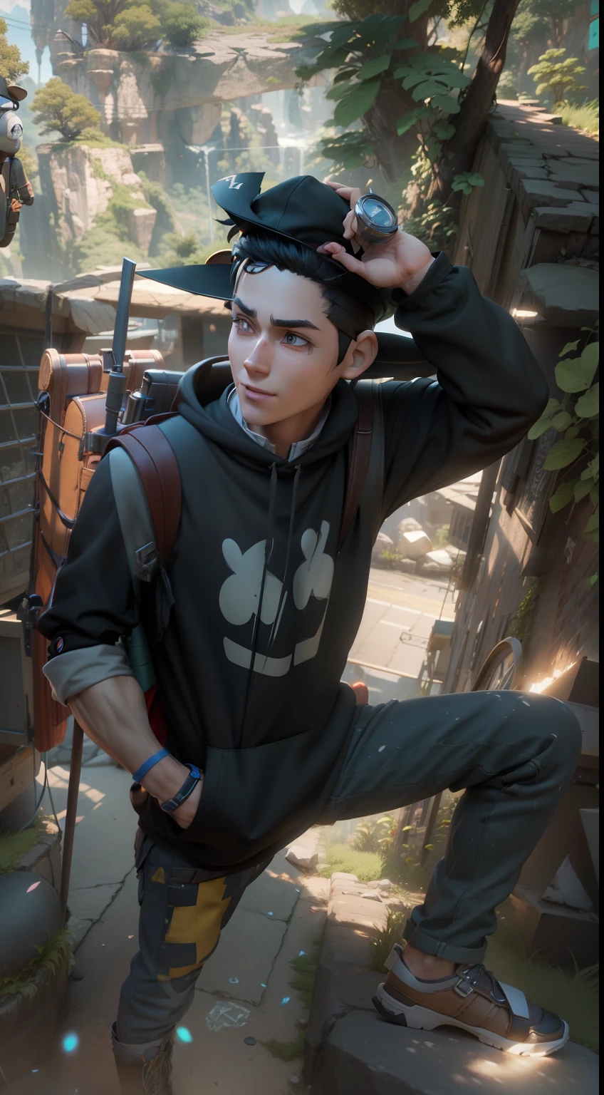 A cartoon boy with a backpack and a hat on his back, character render, arnold maya render, Stylized 3D rendering, highly detailed character, cinematic full character, maxwell render, Stylized anime, Personagem pequeno. Unreal Engine 5, simple stylized, stylized as a 3d render,ssmile,Cheerful personality