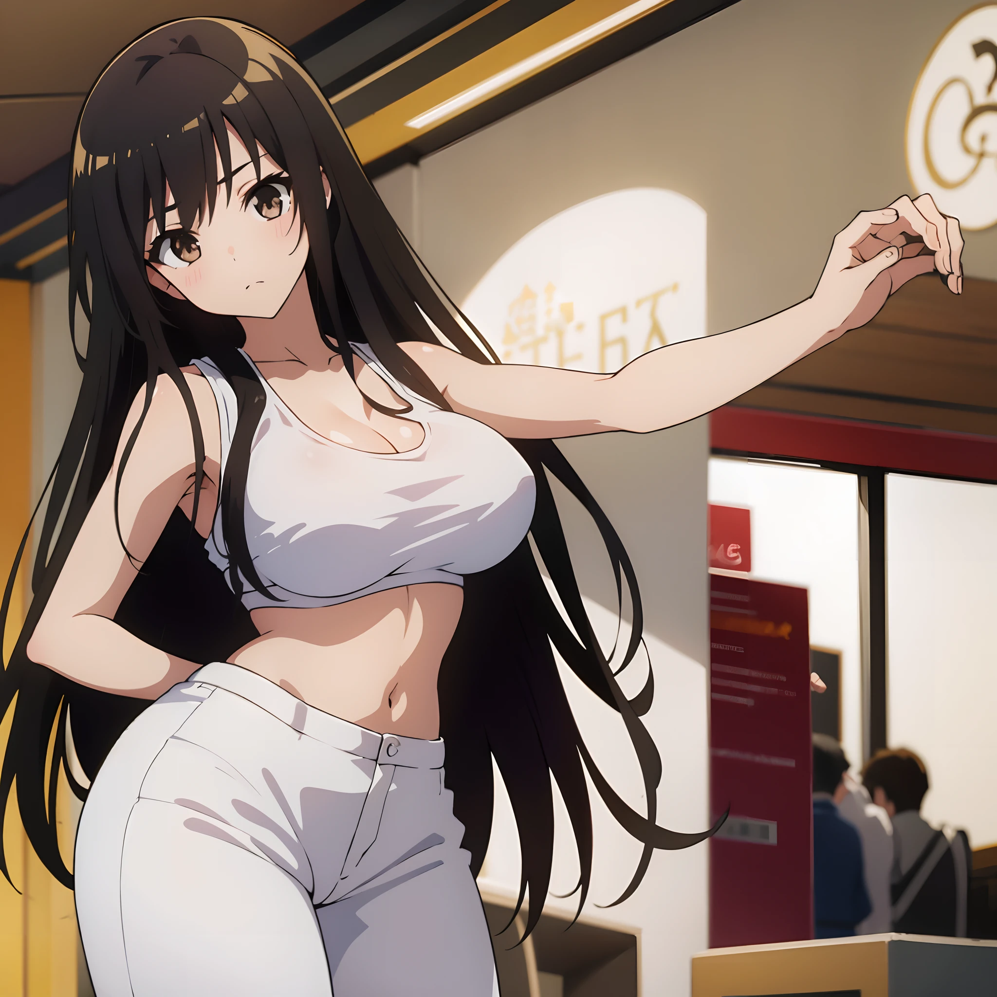 Masterpiece, best quality, highres, highly detailed, 1 girl, long hair, black hair, light brown eyes, big breast, unbottened sleevess shirt, white bra, white panties, long white pants, standing, public park, skirt lift,