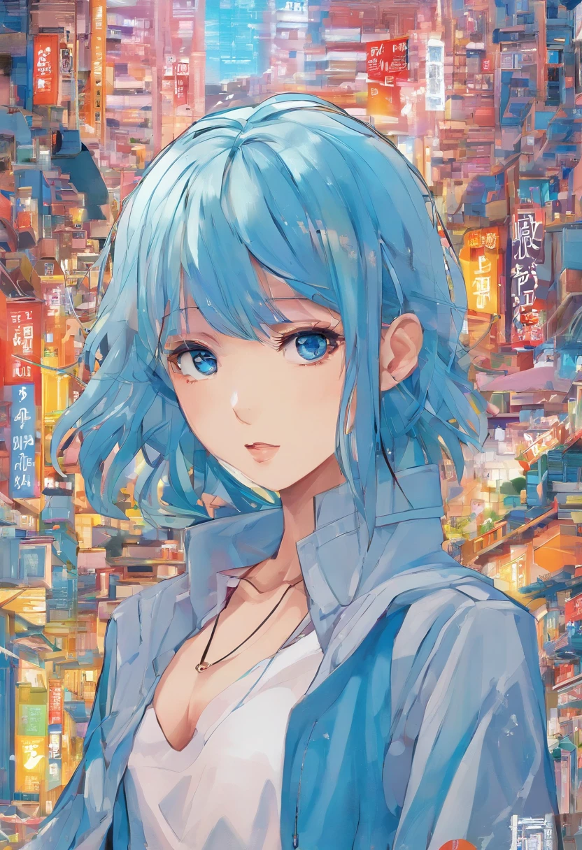 Ark of Tomorrow,a beauty girl,The figure stands on the roof,Long blue hair blown up by the wind,Wear overcoat shorts,There are black leg loops on the legs,Blue eyes,Look down at the camera in your hand,Low saturation,The viewing angle is heads-up,A scene seen from a distance,A little wasteland,Look back into the camera