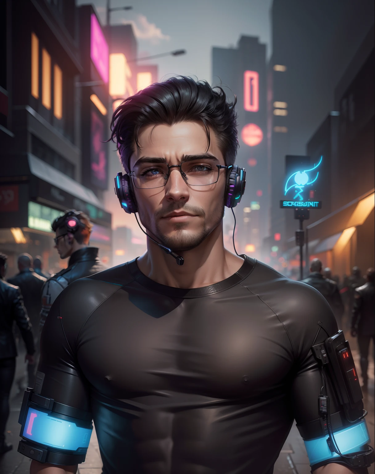cyberpunk handsome man in cyberpunk glasses headphones,realistic face ,8k ultra