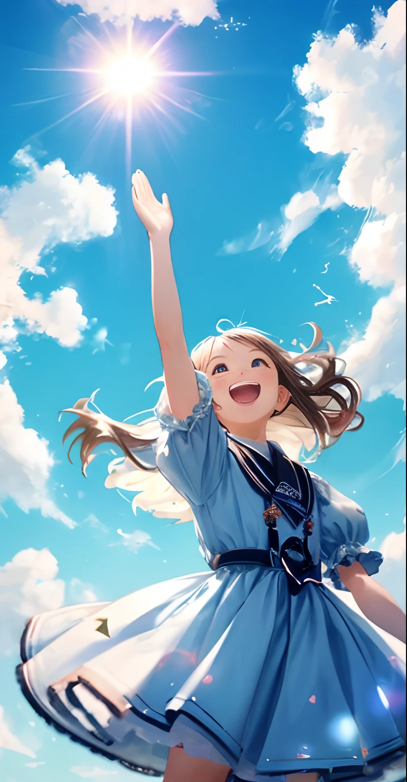 8K分辨率，tmasterpiece，Need，clear blue skies，The sky is full of clouds，Beautiful fluffy clouds，one-girl,，Looking Up The Sky，Shout to the sky，Clear excited face，Want to fly，on cloud，Spectacular creative scene