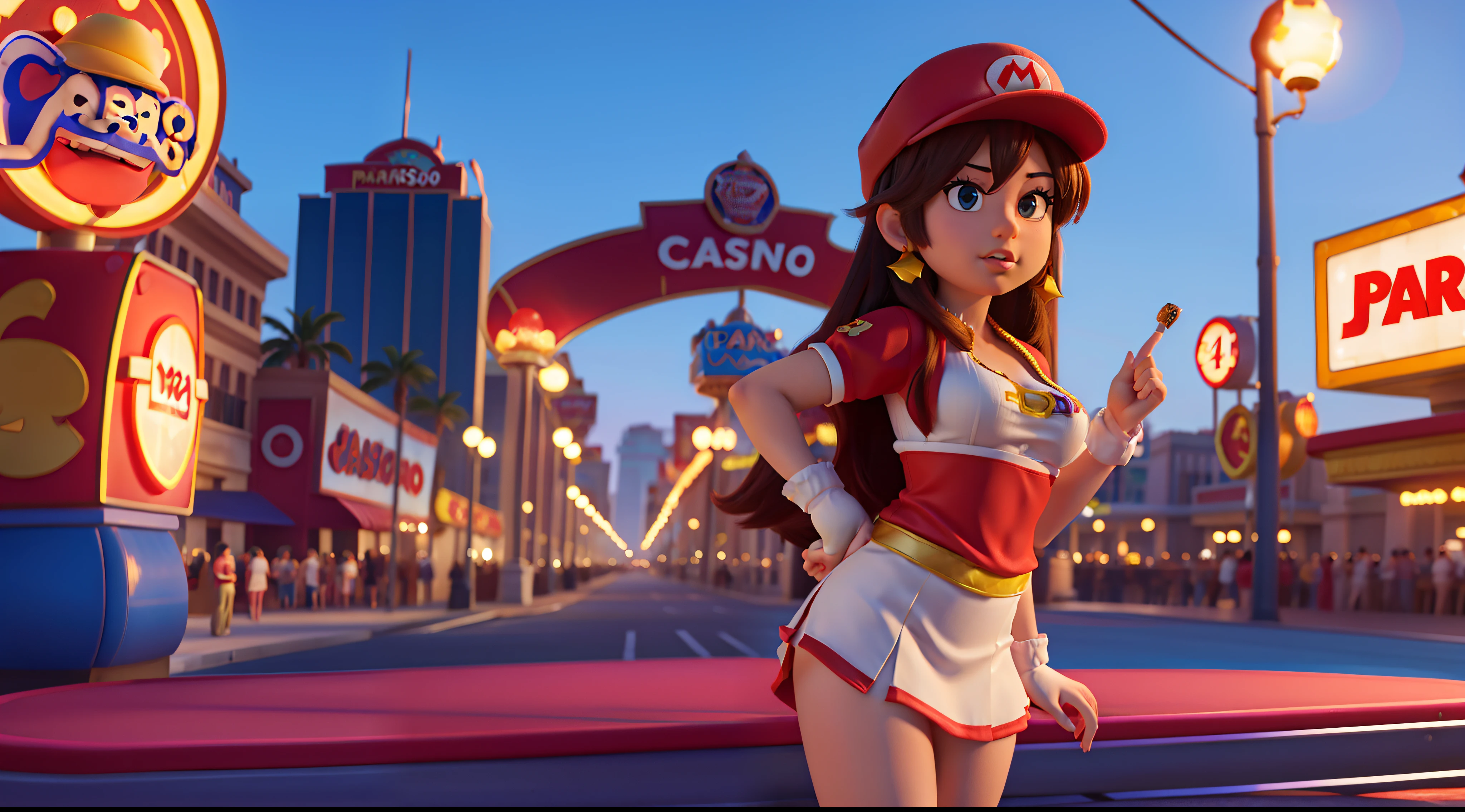 Casino banner, 1girl, solo, mario bross hat, mario bross costume, sexy girls, banner template, promotion banner, ads banner, blank space, gradient background, slot game ornament, theme, realistic, uhd, 4k, pixar style