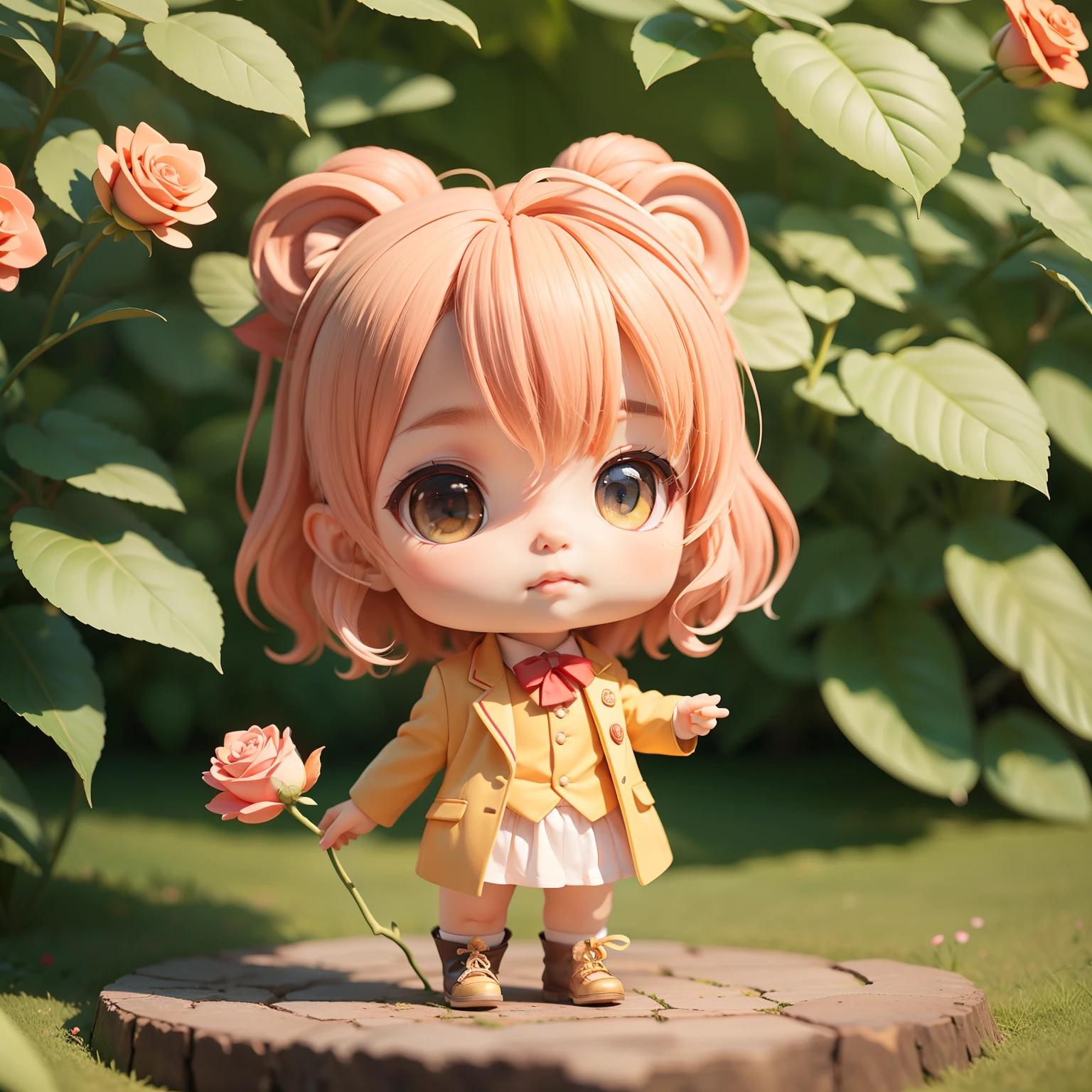 Cute Baby Chibi Anime,(((Chibi 3D))) (Best Quality) (Master Price)、Chibi Lion、tailcoat、Holding a red rose in your hand、Royal Botanic Gardens with roses、Standing、A detailed face
