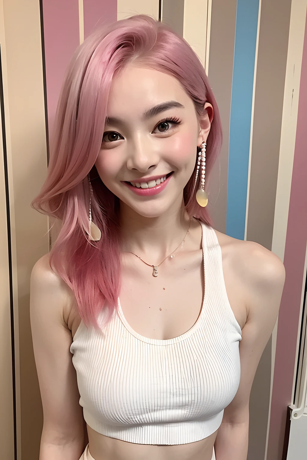 (extra detailed body、extra detailed face、best qualtiy:1.2)、femele、looking at the viewers(Pink hair color、Earrings of feathers up to the shoulders、a necklace、Five-color vertical striped tank top、Split abs、Outstanding smile、)、(Red and white and yellow marbling pattern wall)