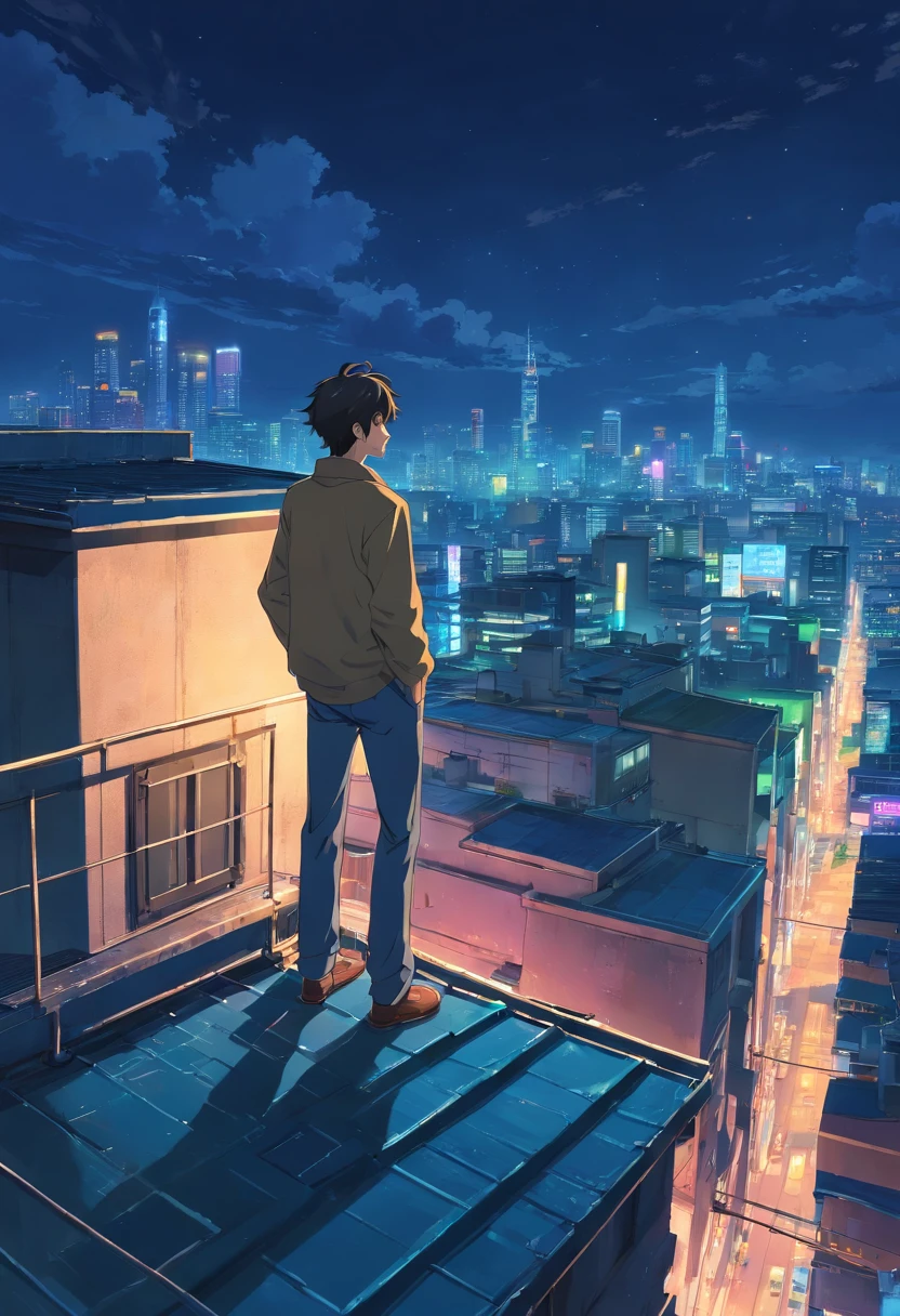 Man standing on the roof of a building at night, Beautiful, jpn