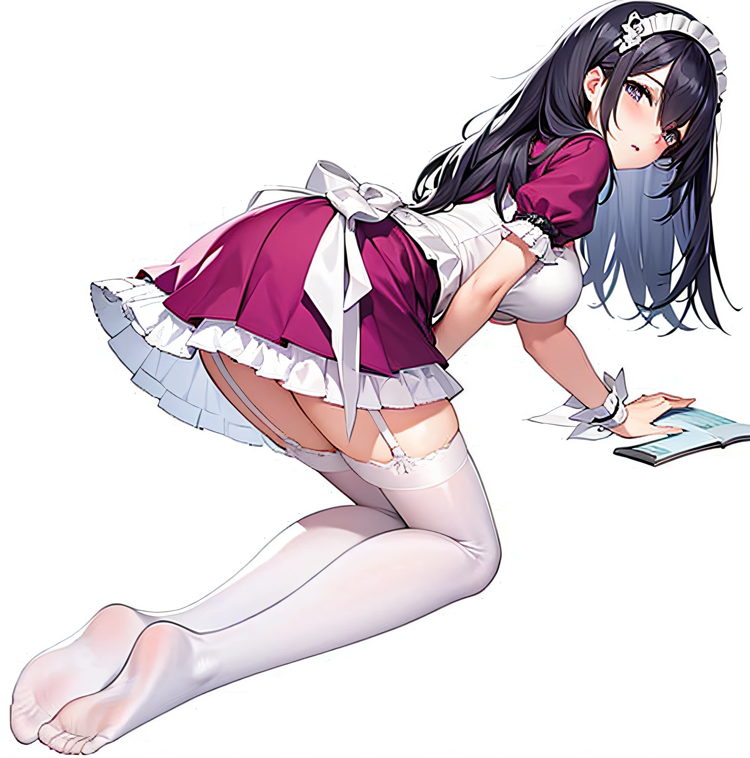 Anime character of a maid in a purple dress and white stockings, anime girl in a maid costume, gorgeous maid, Maid outfit,  in dress, Maid dress, anime cat girl in a maid costume, maid, beautiful anime girl crouching, offcial art, anime full body illustration, Smooth anime CG art, seductive anime girls, Kushatt Krenz Key Art Women