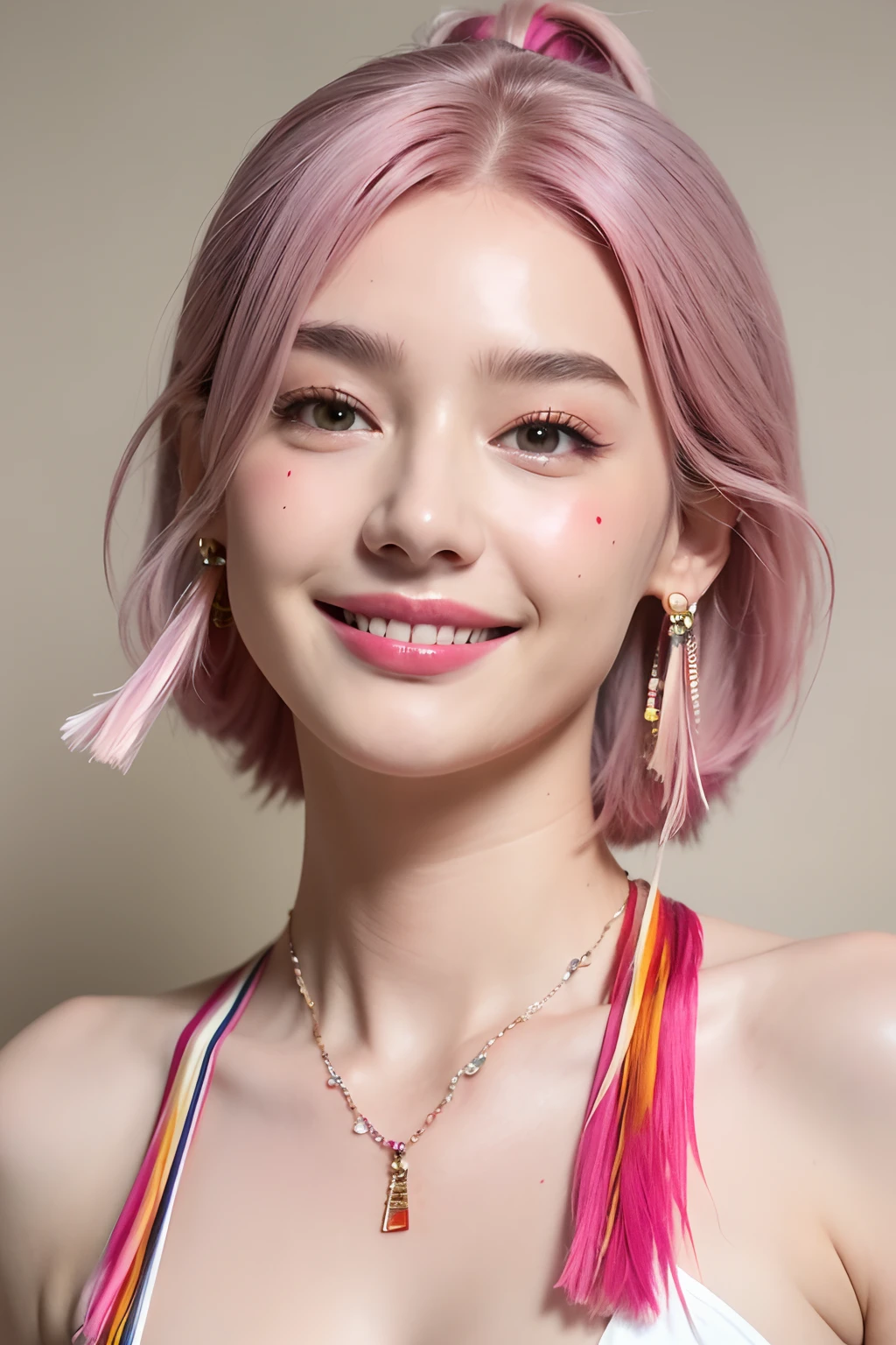 (extra detailed body、extra detailed face、best qualtiy:1.2)、femele、looking at the viewers、(Pink hair color、Earrings of feathers up to the shoulders、a necklace、Five-color vertical striped tank top、Split abs、a smile、15yo student)、(White, yellow and red marbling pattern wall on background)