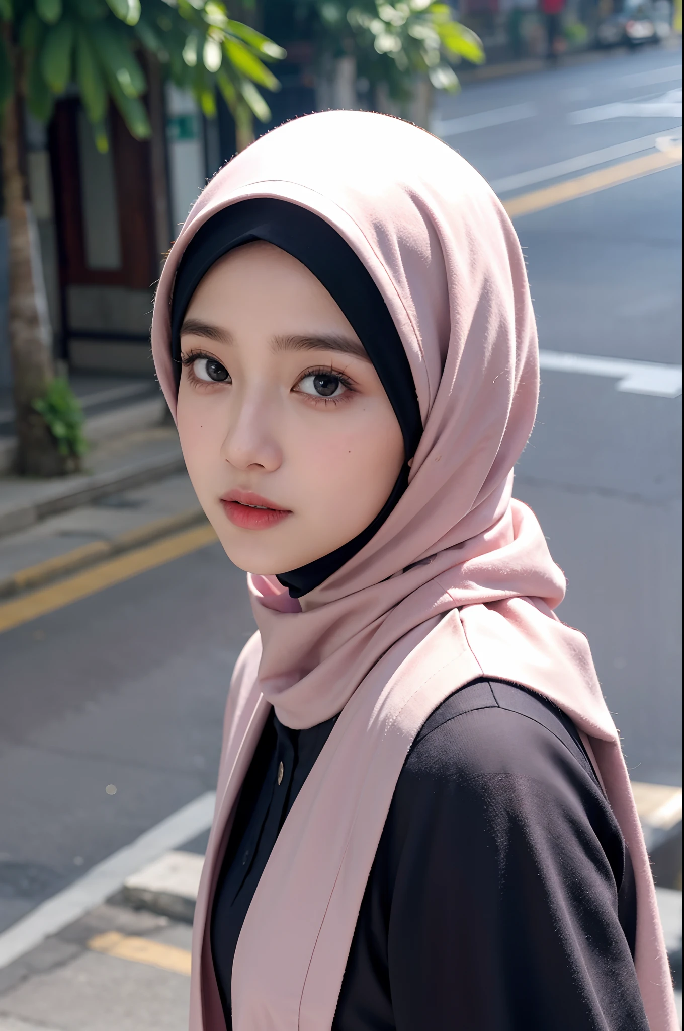 Real life adaption of this character, korean young beautyfull face,wear pink hijab,realistic greeneyes,realistic same outfit,normal neck ,realistic same mosque background, realistic light, realistic shadow, realism, hyper realistic, (photorealistic:1.2), realistic small eyes