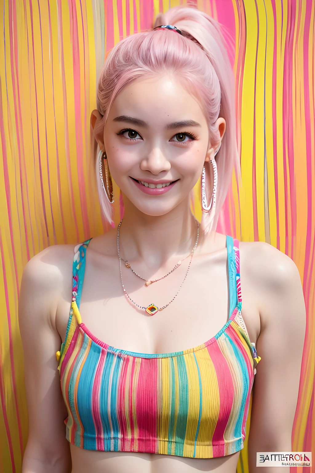 (extra detailed body、extra detailed face、best qualtiy:1.2)、femele、looking at the viewers、(Pink hair color、Earrings of feathers up to the shoulders、a necklace、Five-color vertical striped tank top、Split abs、a smile、 student)、(White, yellow and red marbling pattern wall on background)