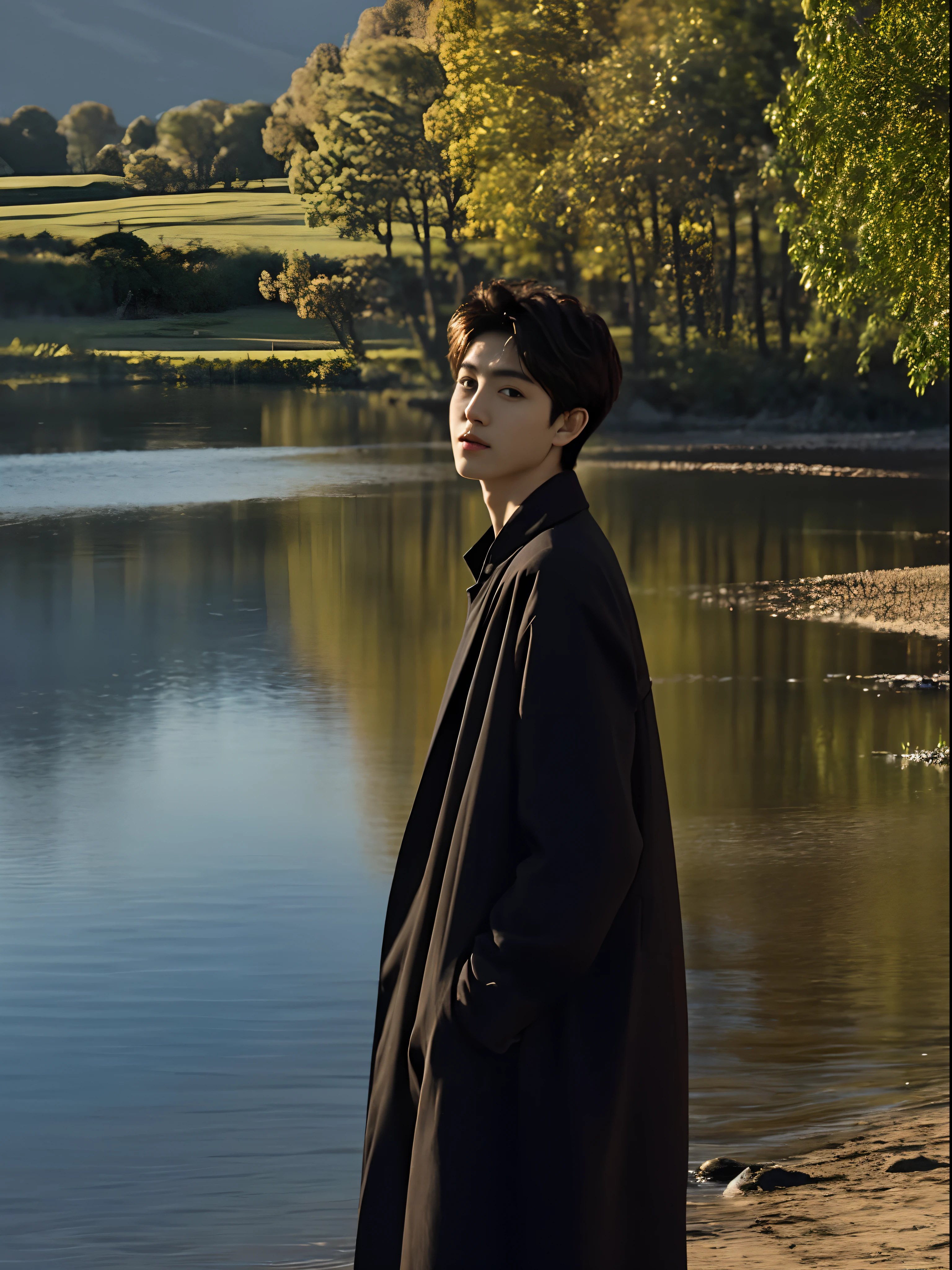 Best quality, Masterpiece, (Photorealistic:1.4), 1boy, Solo, Short hair, Black coat, Long sleeves, Upper body, Dramatic lighting, view the viewer,, rural, Flowers, Lake, Sunshine,