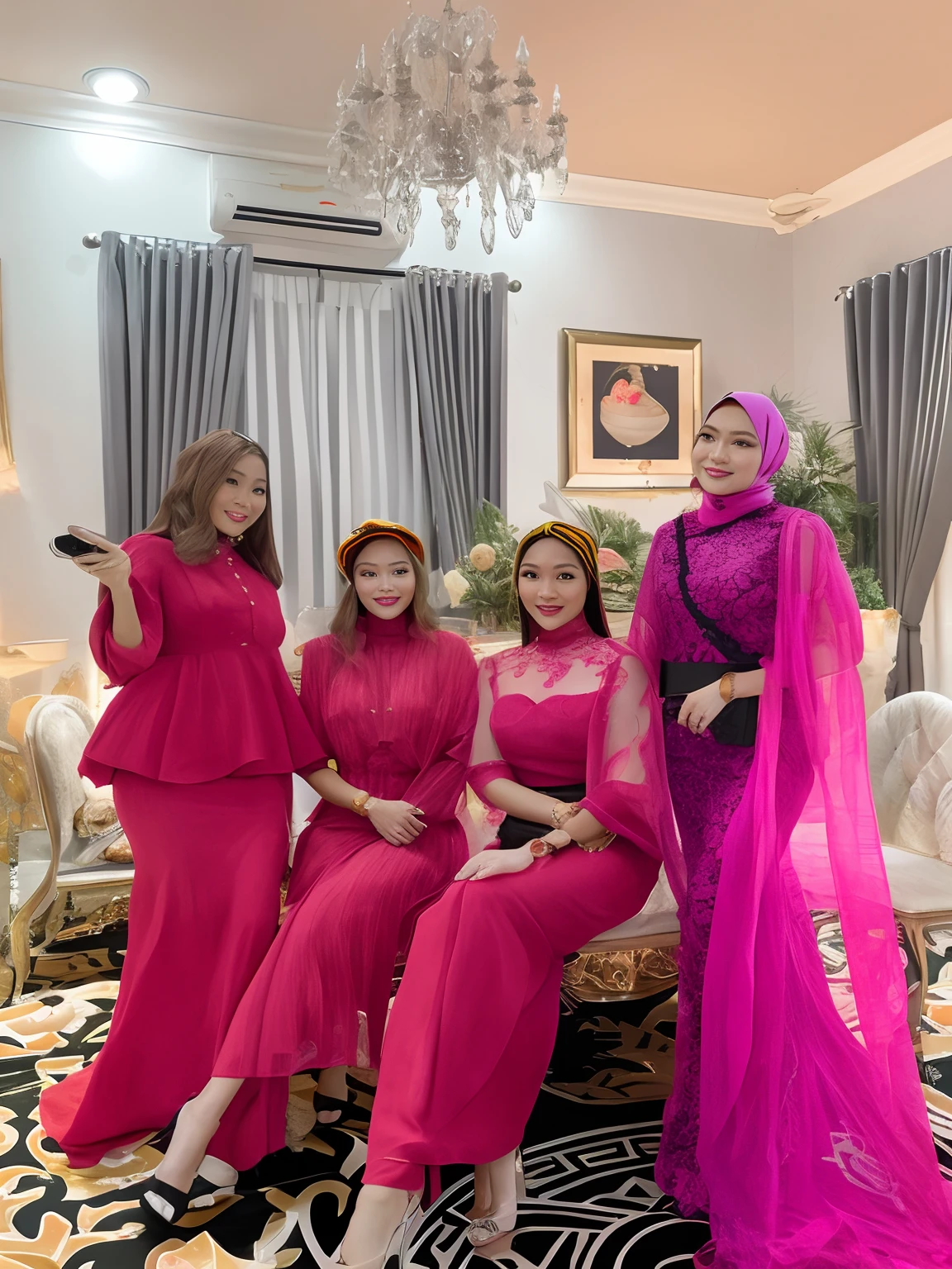 two women sitting at a table with a plate of food, wearing red and yellow clothes, wearing red attire, red hat, wearing a travel hat, with her long, wpol and sarasti, malaysian, lady, profile pic, facebook post, with godray, beautiful lady, scandy and arender, instagram post, selfie, with hat
