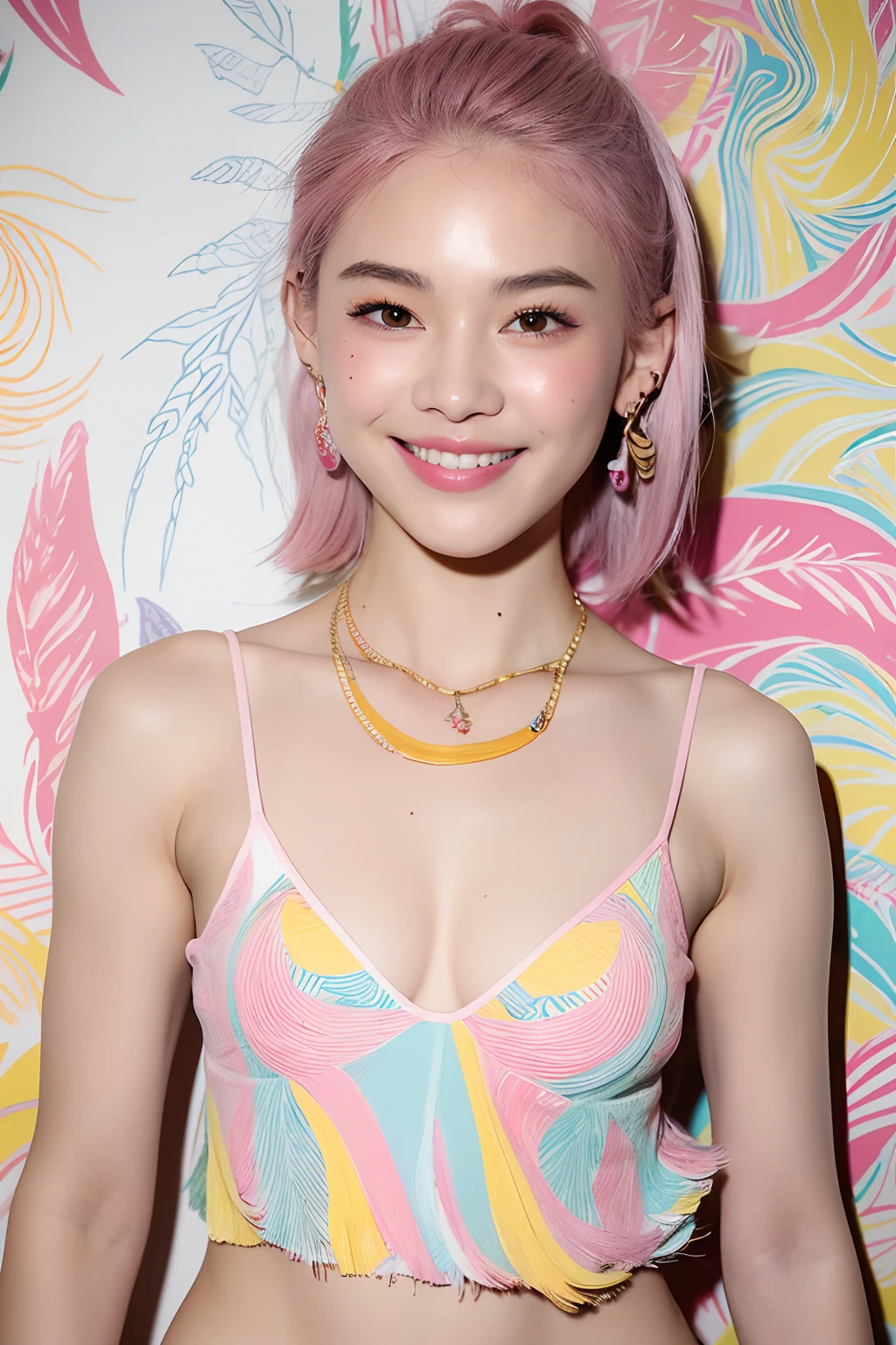(extra detailed body、extra detailed face、best qualtiy:1.2)、femele、looking at the viewers、(Pink hair color、Earrings of feathers up to the shoulders、a necklace、Five-color vertical striped tank top、Split abs、a smile、15yo student)、(White, yellow and red marbling pattern wall on background)