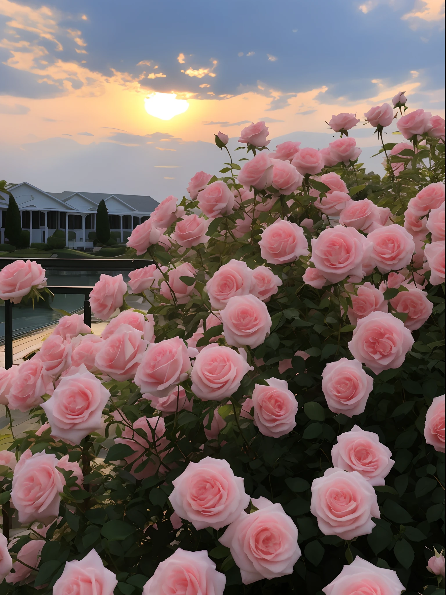 There is a clump of pink roses in front of the house, Beautiful and aesthetic, beautiful aesthetic, Beautiful image, Rose garden, roses in cinematic light, floral sunset, Incredibly beautiful, pink golden hour, Beautiful setting, rosette, Beautiful nature, Beautiful place, summer setting, Beautiful scenery, pastel roses, Really beautiful nature, very beautiful photograph of, Beautiful flowers