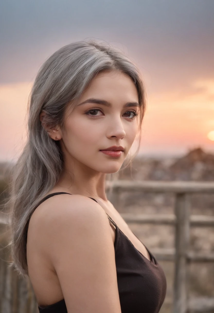 light skinned, Women around 19 years old, Natural gray hair, 　Distinctive dark brown eyes, Wearing Cole, slender and graceful,, Beautiful, Sunset sky, Ultra Sharp Focus, realistic shot, Striped jersey、a black skirt、Tetradic color、
rooftop,outdoor,concrete floor,
dusty,dirty,messy,unclean,(ruined),broken,(mesh fence:1.2),cloudy,sky,cloud,evening,twilight,dusk,