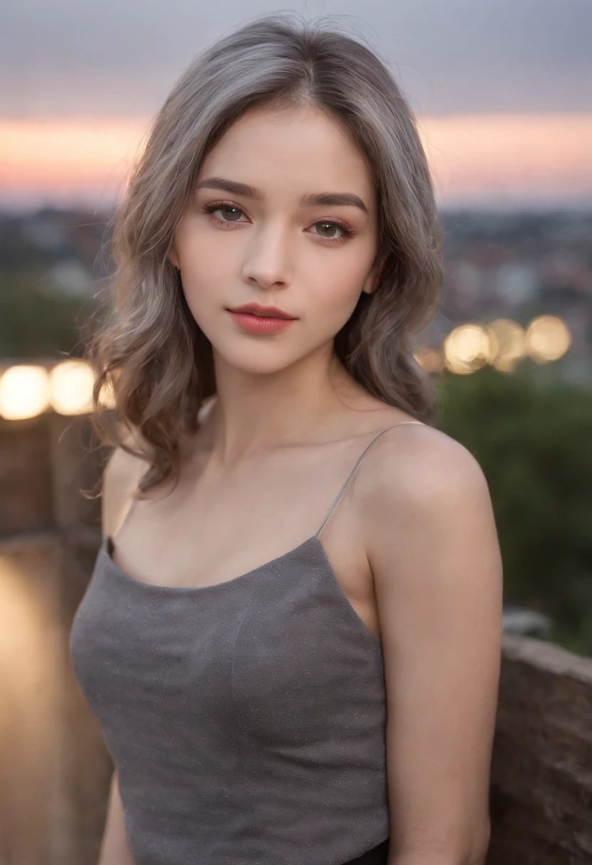 light skinned, Women around 19 years old, Natural gray hair, 　Distinctive dark brown eyes, Wearing Cole, slender and graceful,, Beautiful, Sunset sky, Ultra Sharp Focus, realistic shot, Striped jersey、a black skirt、Tetradic color、
rooftop,outdoor,concrete floor,
dusty,dirty,messy,unclean,(ruined),broken,(mesh fence:1.2),cloudy,sky,cloud,evening,twilight,dusk,