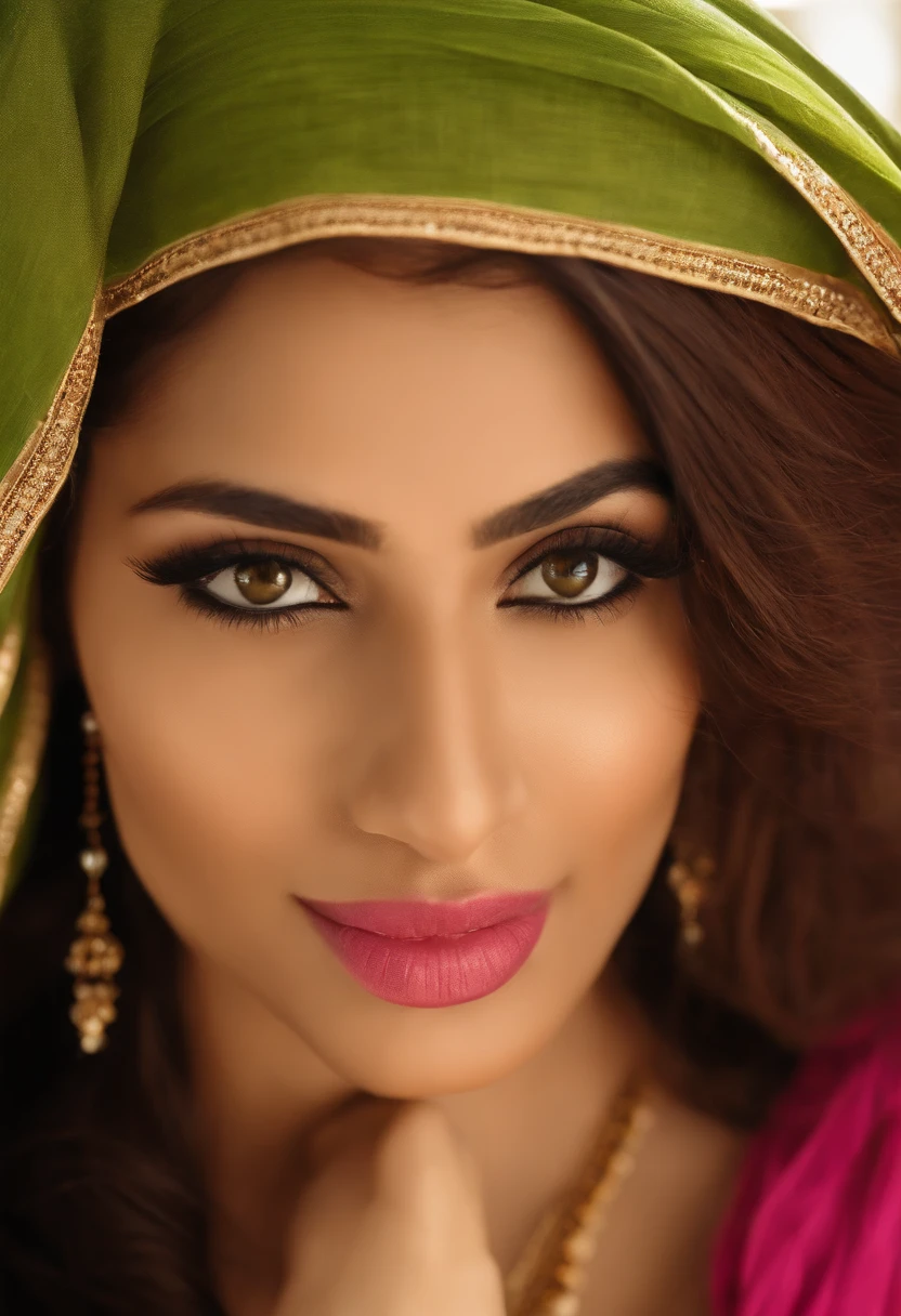 RAW Photo, 25 years old, young, sexy, cute, 1girl, (unique pose, dynamic pose:1.2), detailed straight long hair, (realistic glowing skin texture, best quality, photograph, realistic, detailed, natural light, master beautiful:1.3) Pakistani girl age 25 wearing hijab nsfw(racy) red coloured hairs, brown coloured eyes, red lips, green eyeshadow, black eyeliner, pink eyelashes, Weared jwellery, hot facial , Nose piercing, weared necklace expressions, laying on bed