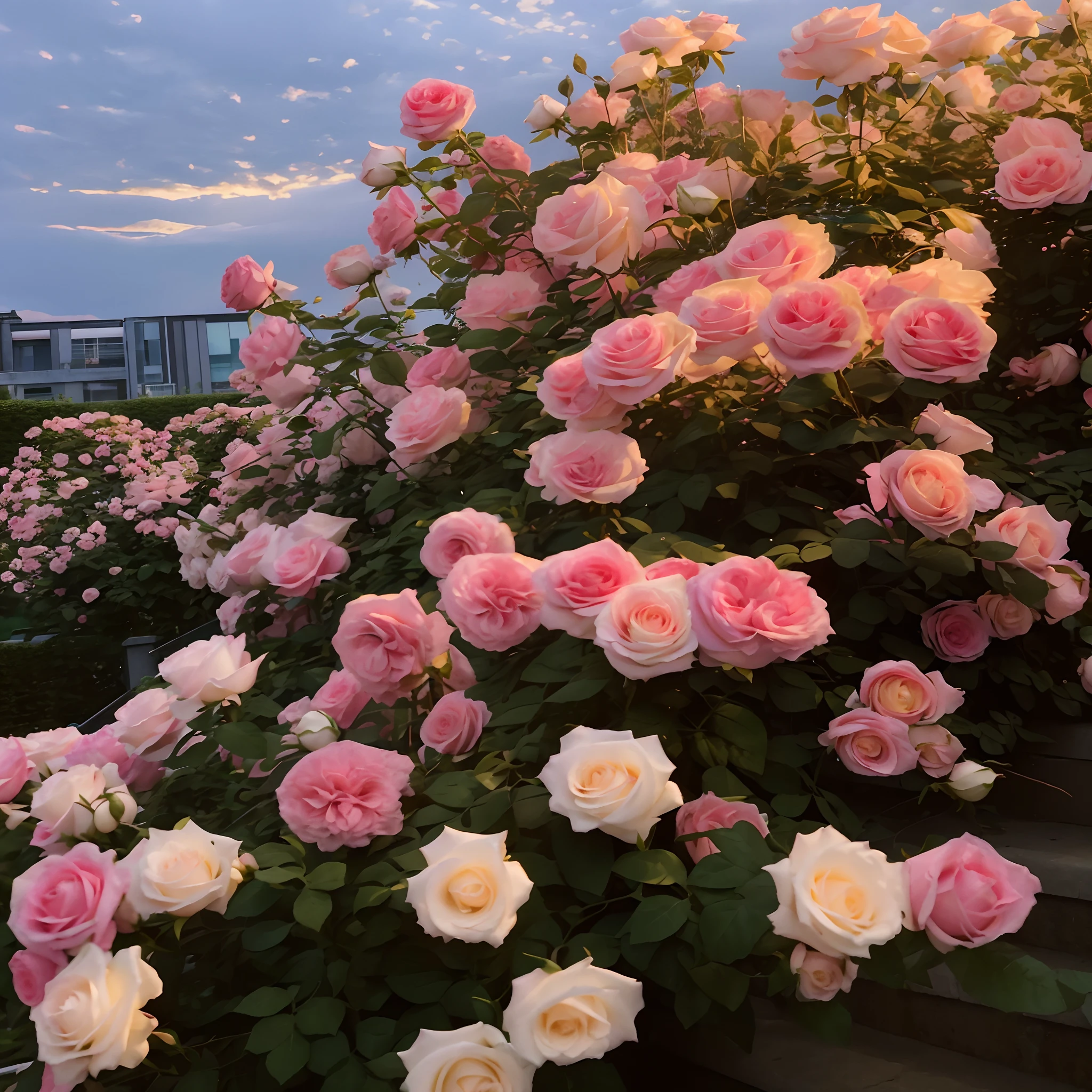 Many pink roses grow on one side of the building, roses in cinematic light, Rose garden, Beautiful and aesthetic, beautiful aesthetic, rosette, Beautiful flowers, beautiful flowers growing, Beautiful image, with soft bushes, Beautiful nature, Beautiful large flowers, pink golden hour, with soft pink colors, Incredibly beautiful, light pink tonalities, Pink flowers
