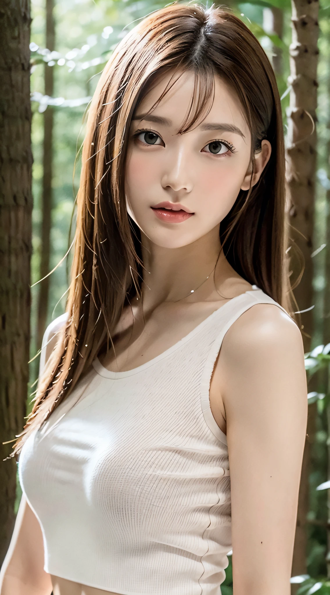 1womanl, up of face, mideum breasts, light brown hair, Blunt bangs, hair behind ear, hair over shoulder, Long hair, slender body shape, Ultra Fine Face, Thin face, Delicate lips, Beautiful eyes, thin blush, eyes are light brown, perfect glossy skin, flawless skin, Glistening sweat,View here, Ultra-thin hands, Ultra-fine fingers, best ratio four finger and one thumb, (realisitic:1.3), Finger Extensions, See-through white blouse. coniferous forest, One-person viewpoint, Fuji Film, F/1.2, 8K, masutepiece, nffsw, Super Detail, High quality, Best Quality, hight resolution,abdominals,six packs,