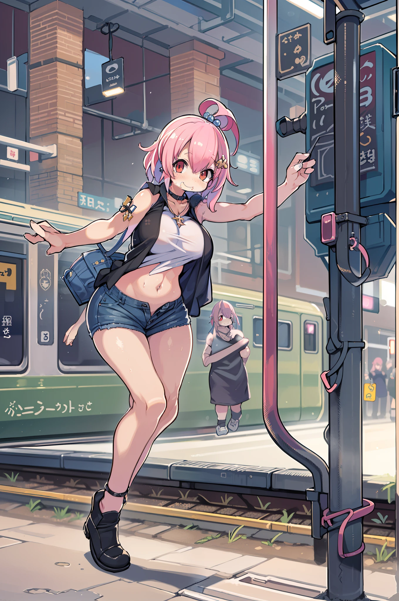 (masutepiece), (Best Quality), (hight resolution), Detailed, (Details 1.2), (Hyper Detail 1.4), (Glamorous Digital Art 1.2), absurderes, 1girl in, Small breasts, Ass, Hair ornaments, Solo, Pink hair, (Black shirt:1.3), jeans, (train station:1.2) Running, thighs thighs thighs thighs, shortstack, huge-breasted