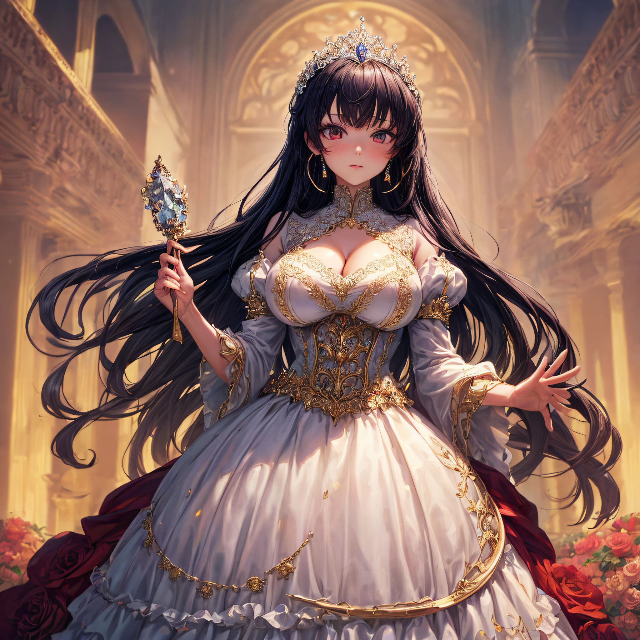 (masterpiece, best quality,extremely detailed:1.1),(moe anime art style:1.2),1girl,((full body)),((solo)), cute, kawaii,digital art,((1 bling-bling anime princess wearing beautiful embroidery and jeweled ruffled gorgeous princess ballgown with voluminous full length hoop skirt)),((crinoline)),long train,voluminous frills,(gorgeous embroidery and beautiful lace),((very gigantic boobs,skindentation)),cleavage,shiny hair,(((very long straight hair))),((finely detailed face and eyes)),clear pupil,extremely gorgeousfull hair ornament,(bling-bling jeweled extremely gorgeousfull tiara),(bling-bling gorgeous gemstone jewelry),long veil,beautiful background,fantasy background,flowers,flower petals flowing,full body,((beautiful embroidery and jeweled ruffled gorgeous princess ballgown with voluminous full length hoop skirt))