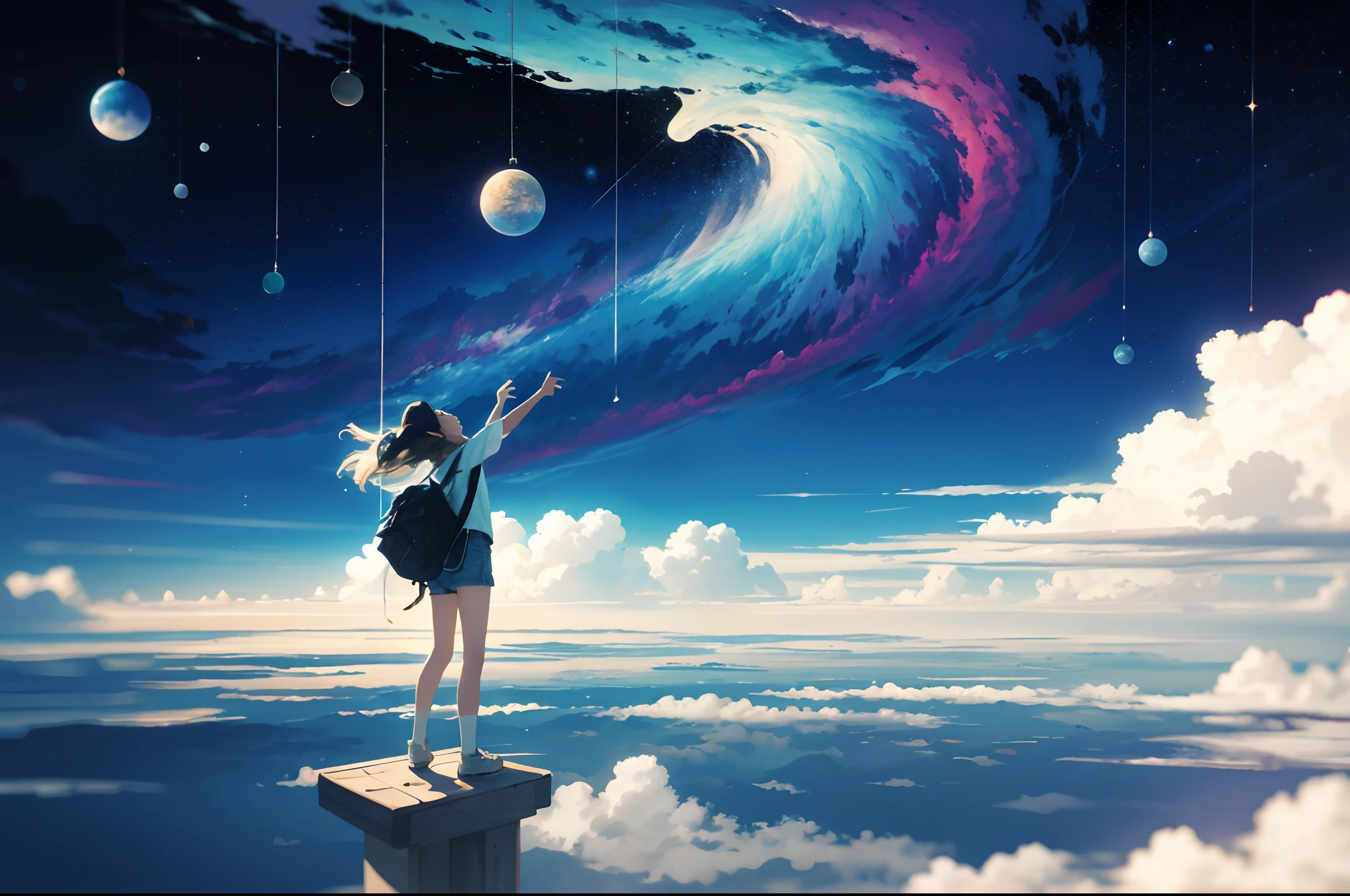 (Best Quality), 4K, Ultra Detailed, (Dynamic Composition: 1.4), Detailed, Colorful, (Iridescent: 1.2), Dreamy, Magical, (Solo: 1.2) Vast landscape photo, (From below, the sky above and the open sea below), a girl standing in the sea looking up, (Milky Way: 1.3), distant mountains, trees BREAK BREAK making art, (Warm light source: 1.2), (Firefly: 1.2), a portable lamp, a little dolphin jumping up at sea level, cinematic style, shot from the bottom up, people look at the sky, the sky has the moon