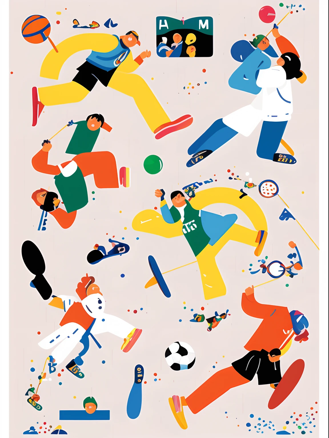 a poster，There is a group of people in motion on it, illustration | Illustration style, #illustration,editorial illustration colorful, Colorful illustration, Sports, Simple and clean illustration, Poster illustration, Olympic Games,illustrated poster, sport game，ping pong，swimmning，fistfighting，basketball ball，fencing