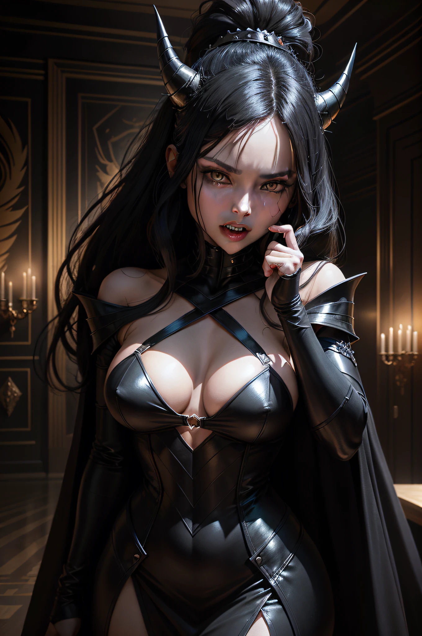 Create an illustration of a villainess, known for her sinister demeanor, in a pitch-black palace. She stands ready to confront her adversaries with a macabre expression. This villainess possesses the power of lightning magic, and with a mere gesture, she can summon thunderbolts to strike down upon the room, filling it with electrifying energy. Her attire is predominantly black, emphasizing her striking silhouette. She adorns her head with sharp, imposing horns, and her teeth include distinctive fangs. The setting should reflect the ominous and dark ambiance of the palace, with bolts of lightning crashing all around her.