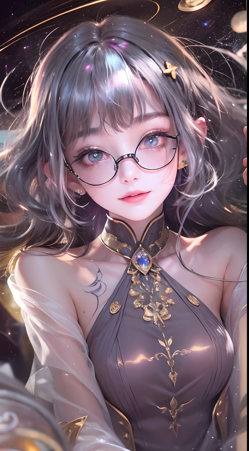 1girll,（Captivating quality：1.4），（True textured skins of the highest quality), Delicate face,Black hair, Gradient Hair, petite body,（perfect bodies：1.1）, There is a jewel on the forehead, rimless eyewear, PUPILS SPARKLING，long eyelasher,grin, hyperphotorealism, Cinematic lighting, projected inset, surrealism, hyper HD, masutepiece, 16 K，Lie down，Dream On，Please wear clear silk pajamas,Carmelto,legs slightly open，tattooed，Fantasy space，Luxurious space,The light is shining,It has an aura