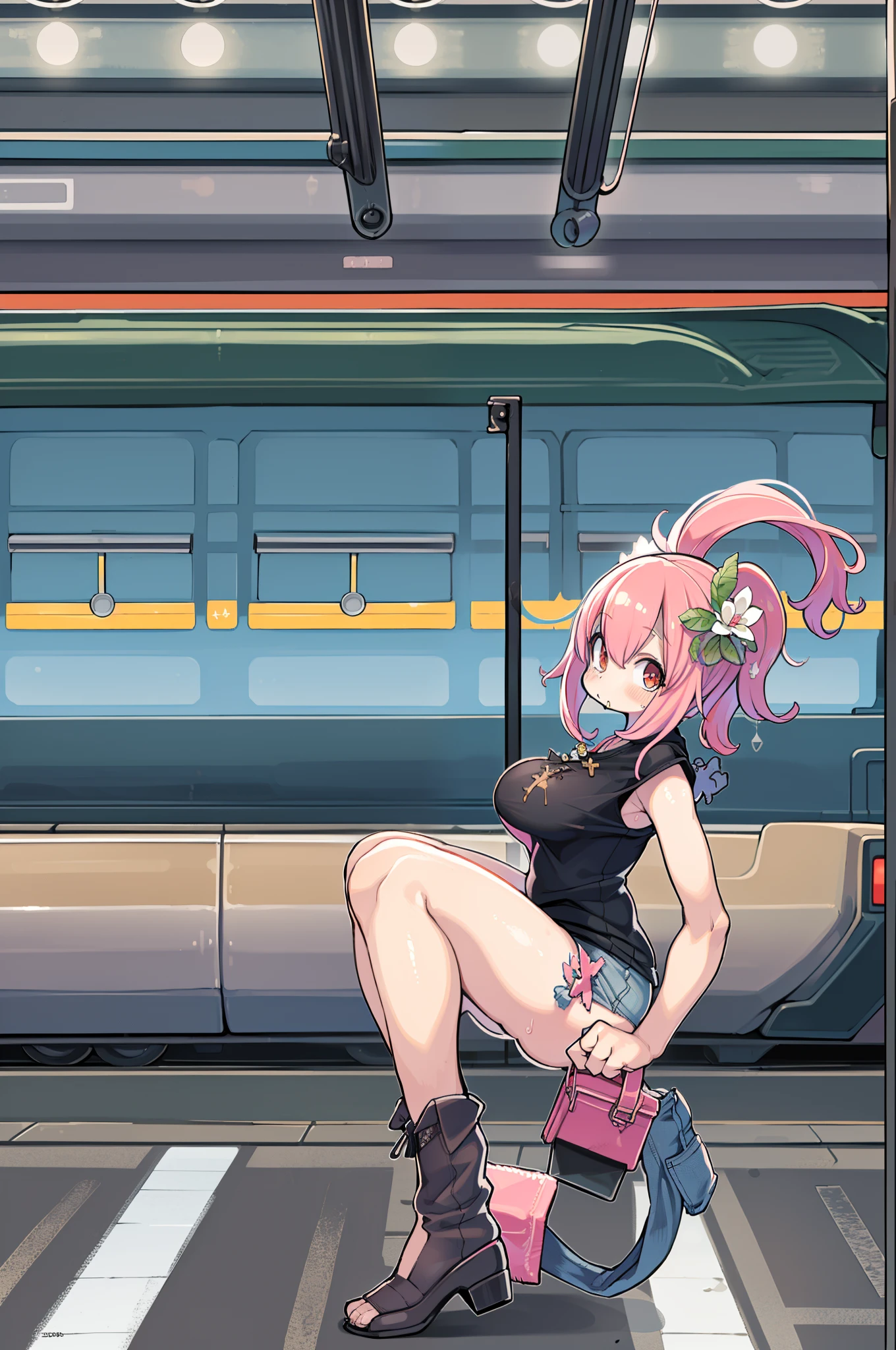 HIMEJIMAKINOKO, LIGHT PURPLE HAIR, TWINTAILS, HAIR BOBBLES, polka dot, VERY LONG HAIR, YELLOW EYES,,, large breasts, , solo nipple , ride a bicycle、 bustling street