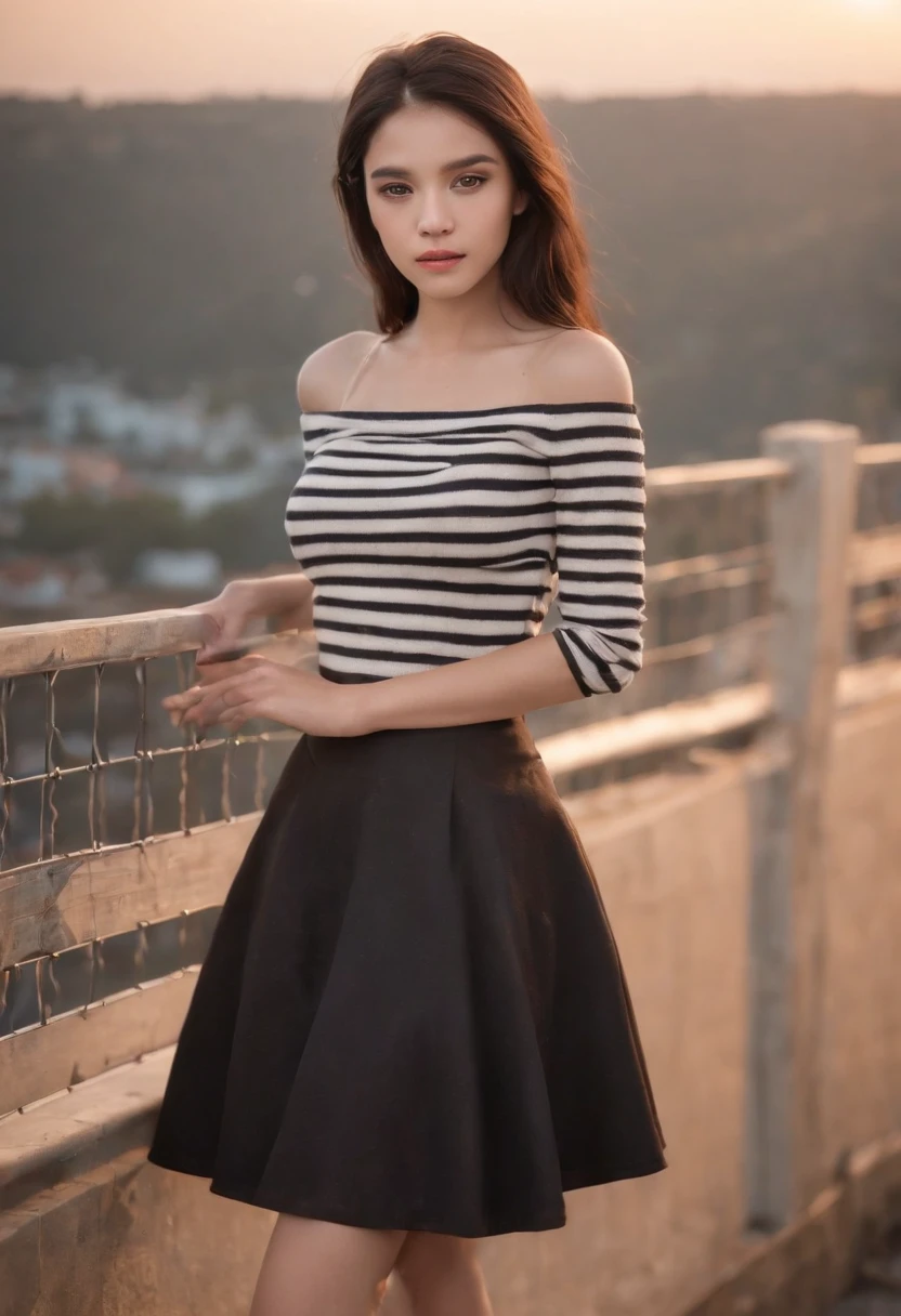 light skinned, Women around 19 years old, Natural black hair, characteristic dark brown eyes,, Wearing a striped jersey, slender and graceful,,, Beautiful, Sunset sky, Ultra Sharp Focus, realistic shot, Stripe Jersey、a black skirt、Tetradic color、
On the rooftop,plein air,Concrete floors,
dusty,dirty,Messy,Unclean,(fall),Broken,(Mesh Fence:1.2),cloudy,skyporn,cloud,evening,Twilight,Dusk,