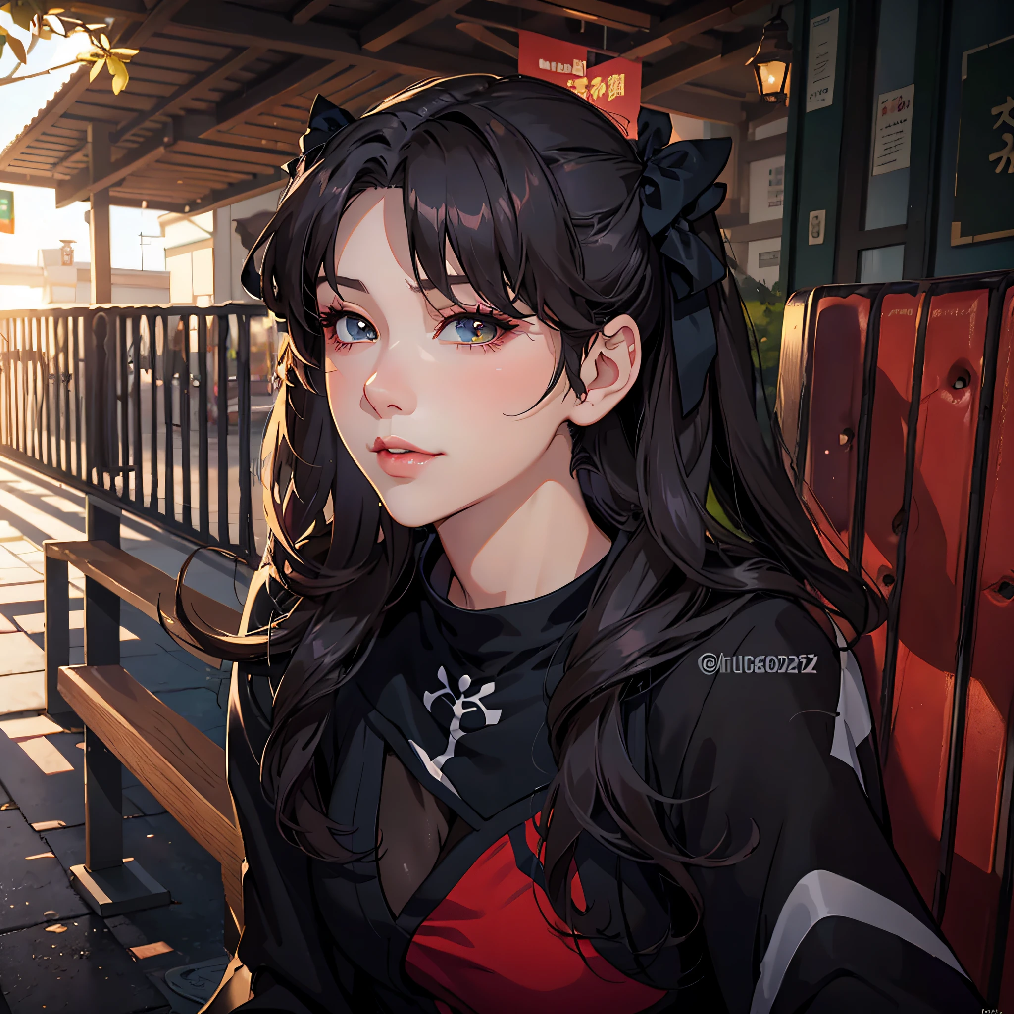there is a girl with long hair sitting on a bench, rin tohsaka, anime girl in real life, ulzzang, rena nounen style 3/4, twintails, twintails hairstyle, anime girl cosplay, anime thai girl, very beautiful cute girl, ig model | artgerm, guweiz, pigtails hairstyle