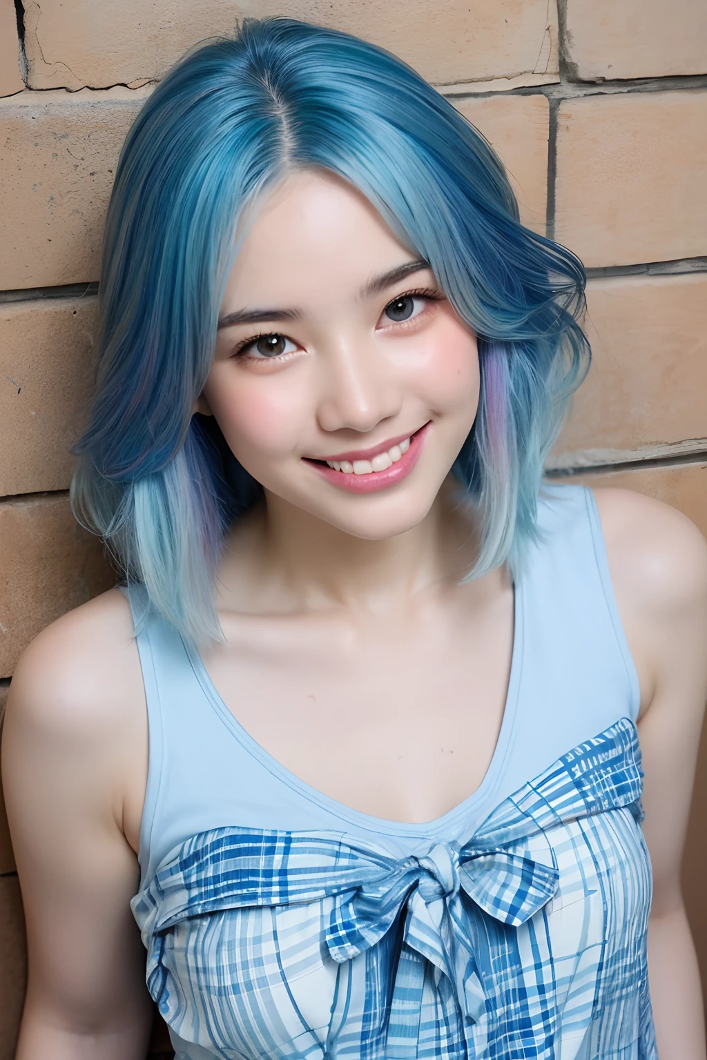 (extra detailed body、extra detailed face、best qualtiy:1.2)、femele、looking at the viewers、(Light blue and white gradient hair color、Fancy accessories、Tank tops、a smile、15yo student)、(Plaid wall on background)