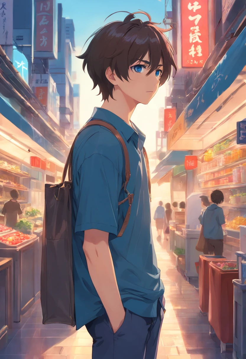 1boy, Apple, bags, bangss, berry, A dark-haired, Black shirt, blue eyess, hair between eye, jewely, fronds, looking at the viewers, male focus, a necklace, underpants, The shirt, 独奏, Watches, White pants, wrist watch, hair messy, Trending on ArtStation, 8K分辨率, Highly detailed and anatomically correct, Sharp Images, digitial painting, concept-art, trending on pixiv, style of makoto shinkai,faces