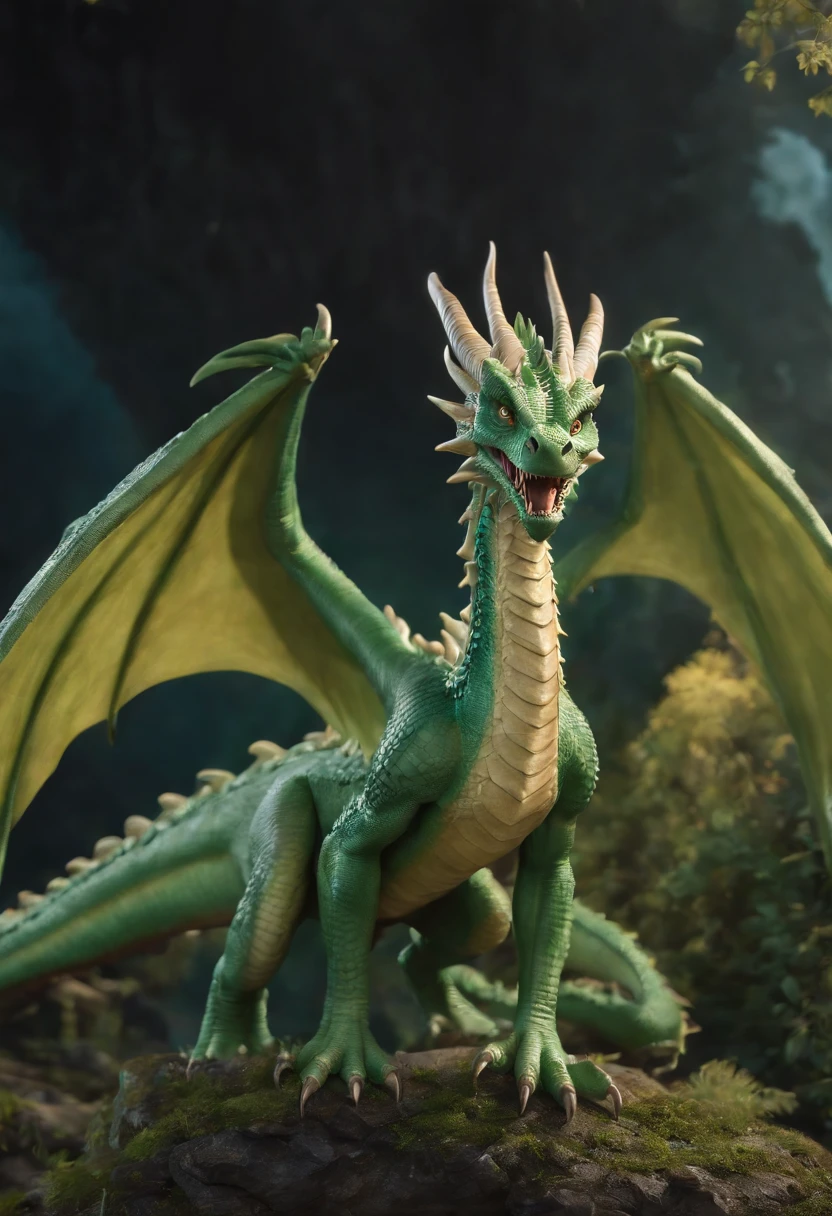 (masterpiece)+, (extremely (realistic)+,a portrait of an green dragon. scales, horns. naive proud stare. Front photo. Looking in camera. volumetrics dtx, Photorealistic, ultra detailed, Artstation trending, very very detailed, realistic shaded lighting, dynamic shadows, detailed Cave background, upper body, professional photograph of a detailed skin, sharp focus, dramatic, award winning, cinematic lighting, octane render, unreal engine, volumetrics dtx, Photorealistic, ultra detailed, Artstation trending, very very detailed, hyperrealistic, fine details, realistic shaded lighting, dynamic shadows, Cave background, add_detail:1, skin pores and wrinkles, details.,More Reasonable Details