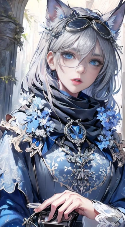 (Top resolution, Distinct_image) Best Quality, Women's masterpieces, Highly detailed, 1womanl，solo person，Half realistic, (Systemic), Silver hair, Bangs, 18 years old, 年轻, Silver Accessories,Short Grey Silver Lace Skirt, (((perfect face:1))), Sharp face, (Bright blue eyes,, hair between eye), (standing painting), (Exquisite facial features, Exquisite facial features), adolable, Grey Color Dolce, Silvery little cat ears, (((Wearing blue lens goggles))), (Black scarf with blue floral pattern and intricate design), Desolate ruins in the background, Large bamboo forest,