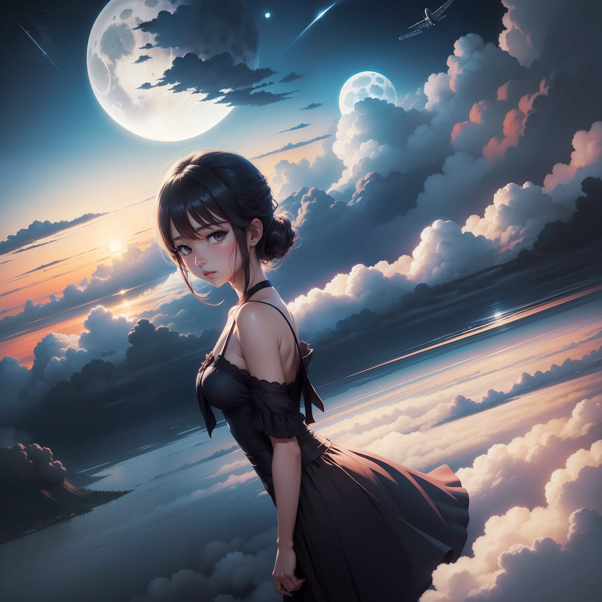 natta、Airplane out of the clouds、Beautiful moonlight、Landscape painting、There are no people、Anime style